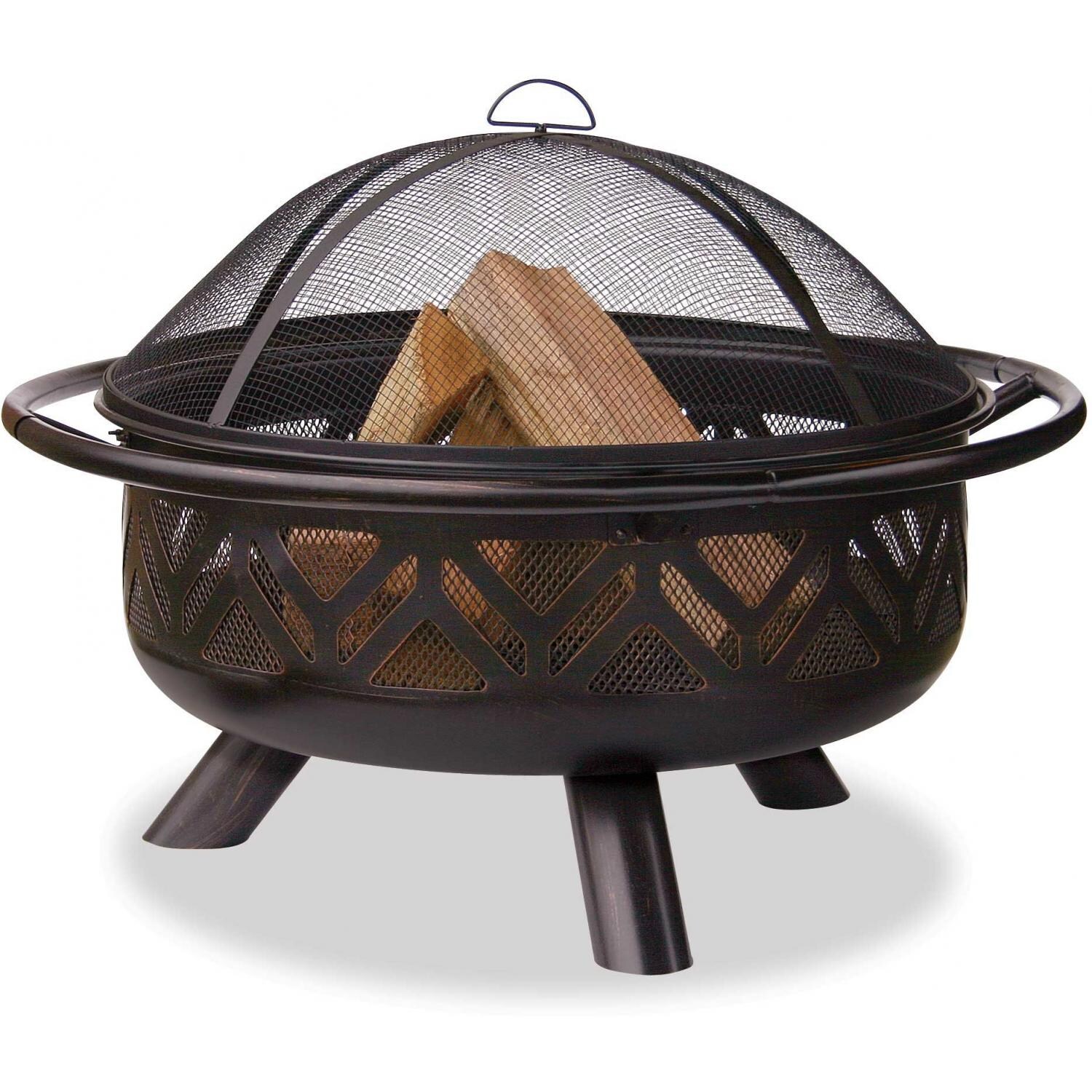 Geometric Design 36 Inch Round Steel Wood-Burning Fire Bowl in Bronze by UniFlame