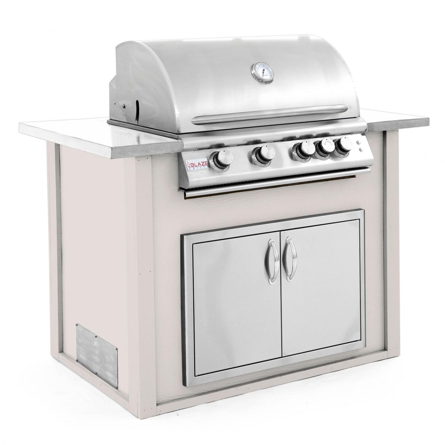 BBQGuys.com 4 Ft BBQ Island With Blaze 32-Inch Natural Gas Grill & Double Access Door - Greige/White - Angled View thumbnail