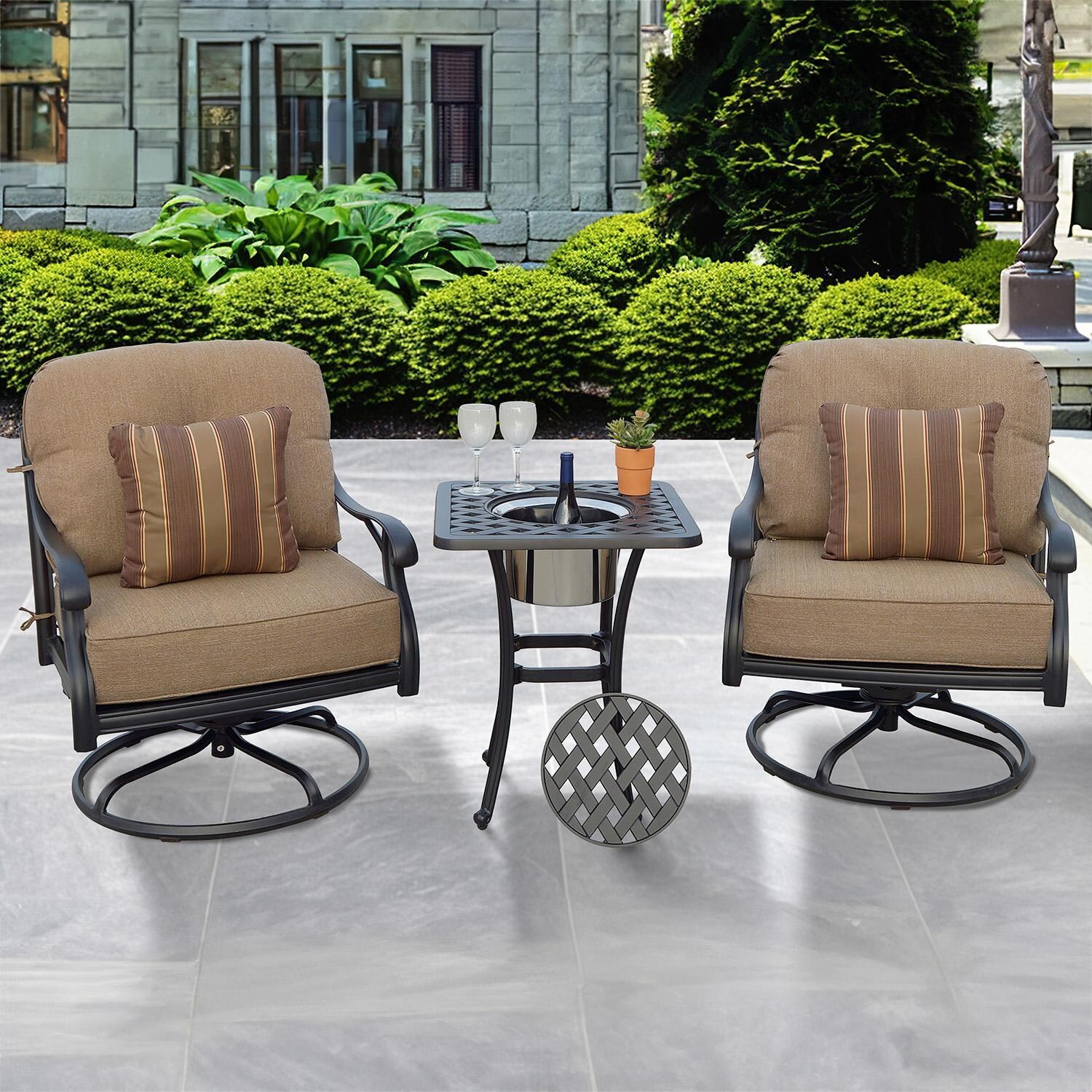 Darlee Nassau 3-Piece Patio Conversation Set with 21 Inch Square Ice Bucket End Table and Pillows - Set - Lifestyle thumbnail
