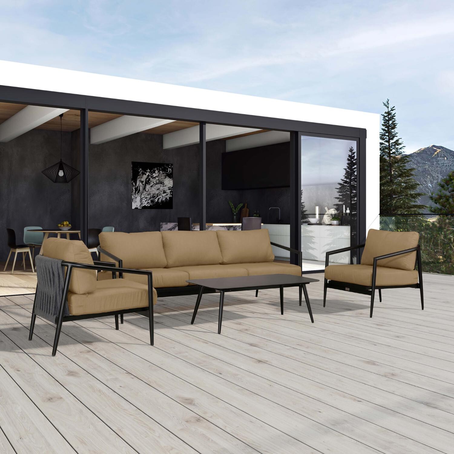 Lakeview Midnight Cove 4 Pc Aluminum Sofa Seating Set in Black/Carbon/Heather Beige - Detail - Lifestyle thumbnail