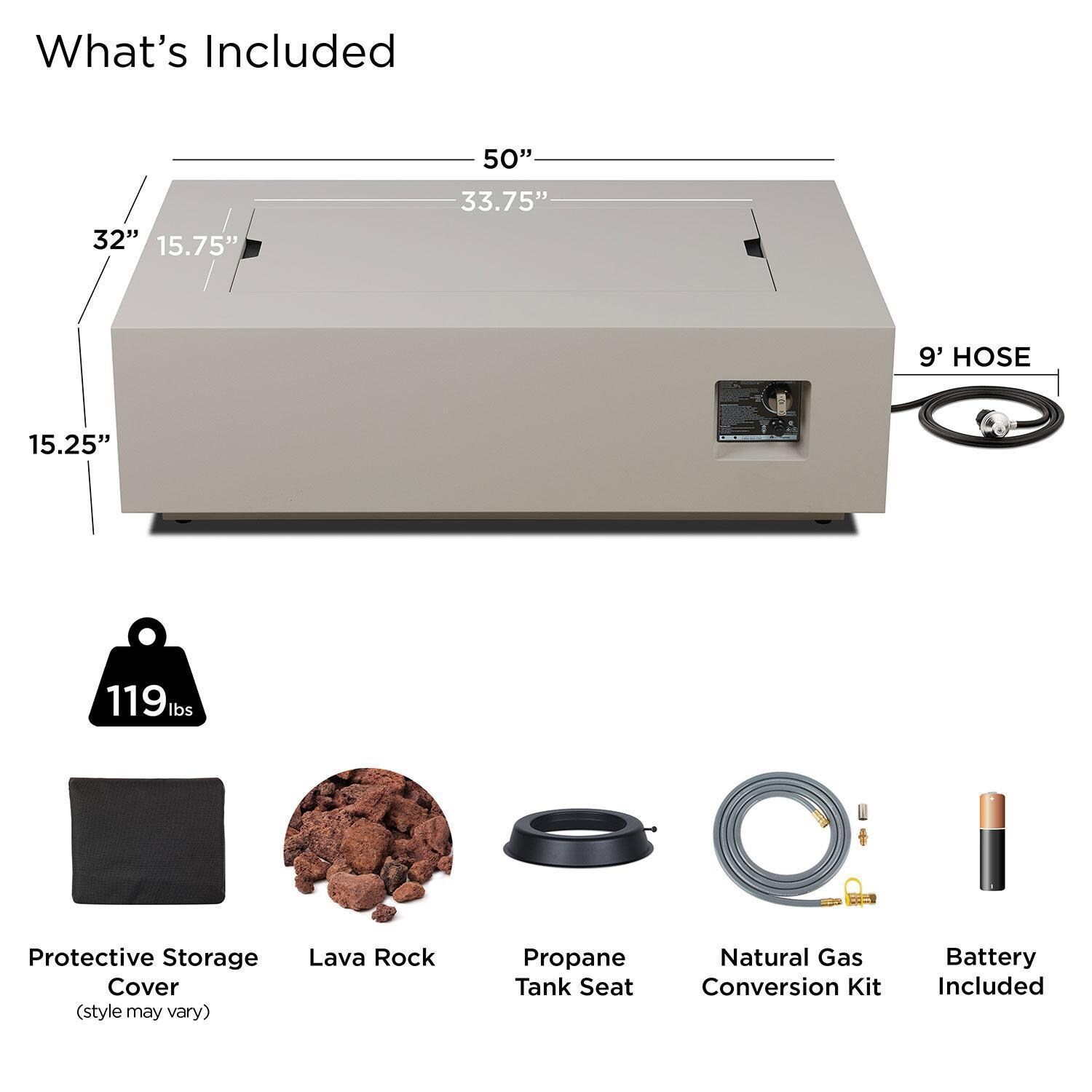 Elysian 50-in Rectangular Steel Propane Fire Pit Table in Light Sand by Lakeview Outdoor Designs - Included - Detail thumbnail