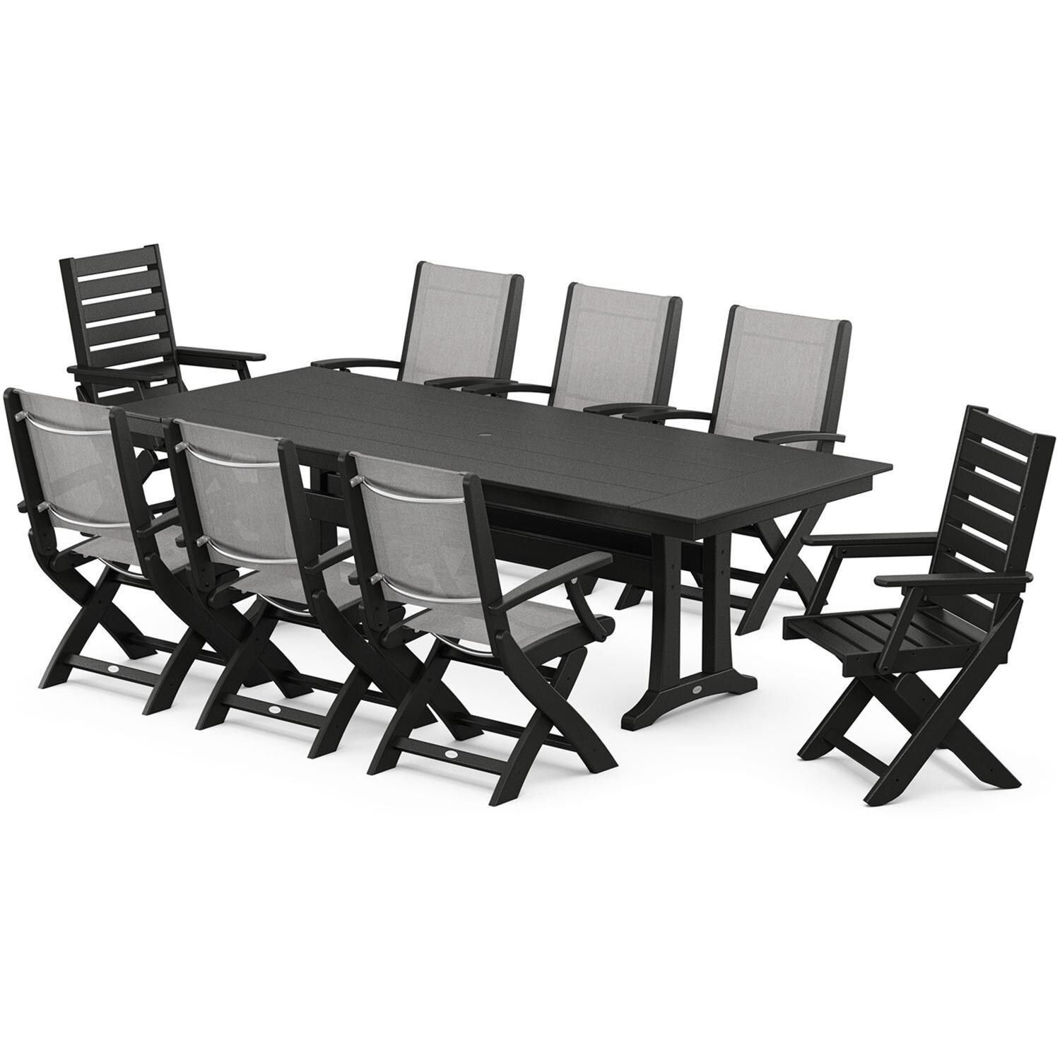POLYWOOD x BBQGuys Creekside 9 Pc Recycled Plastic Dining Set W/ Parchment Sling in Black