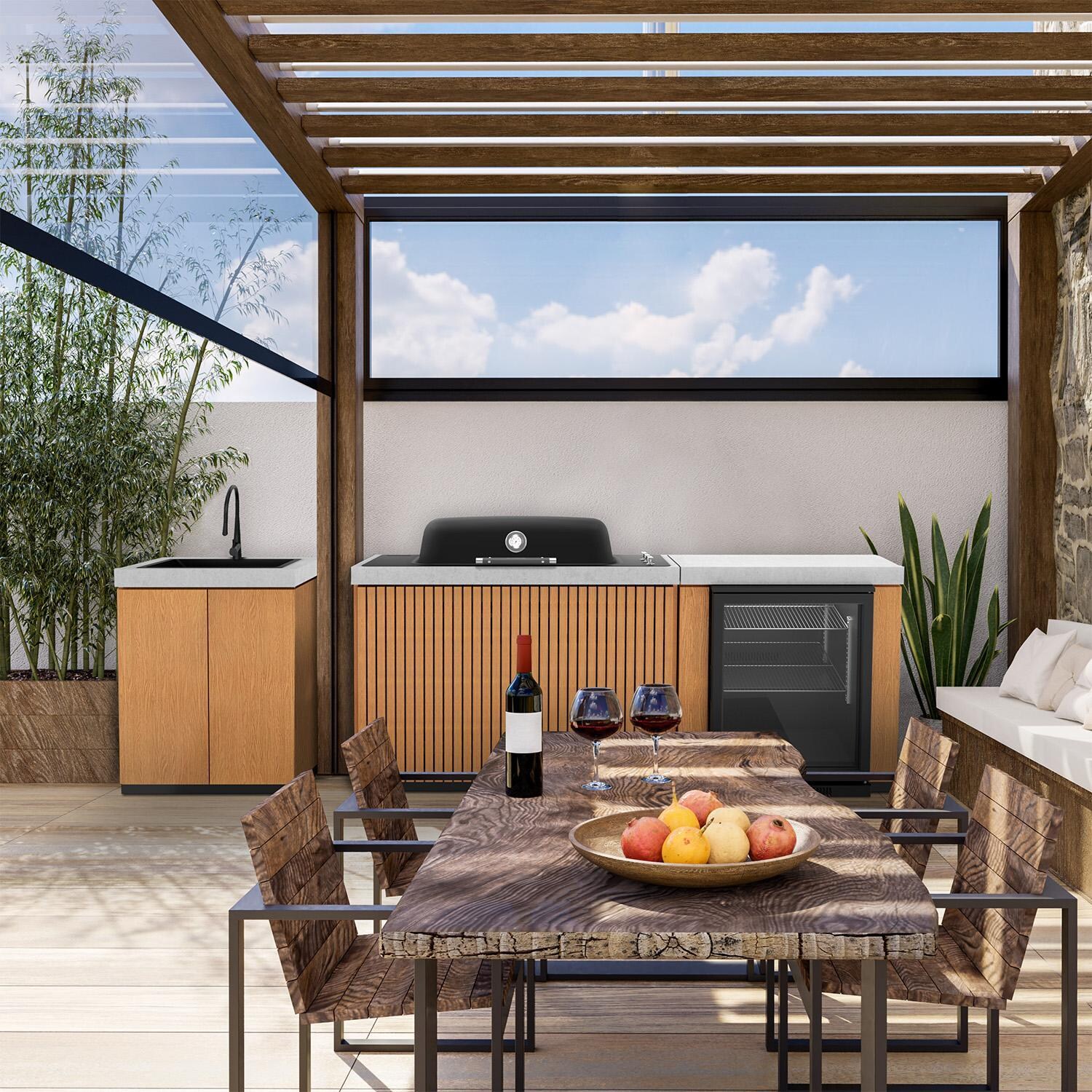 Everdure 9 Ft Outdoor Kitchen Island w/ Marine Grade Aluminum Cabinets in Timber Effect - By Dining Area - Lifestyle thumbnail