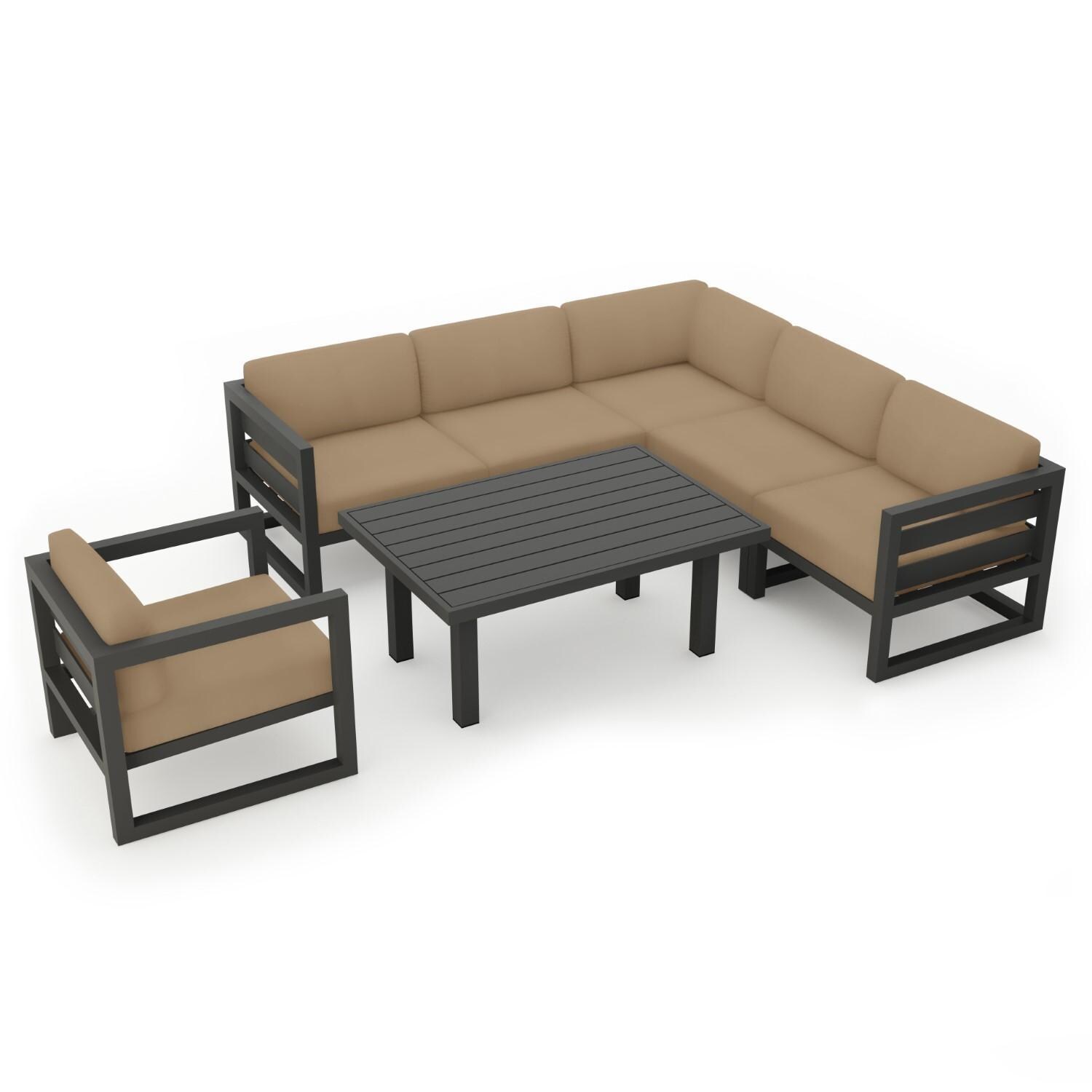 Lakeview MSTYCV-SL-SET212-HB Misty Cove 7 Pc Aluminum Sectional Set in Slate w/Chat Table & Heather Beige Cushions by Lakeview Outdoor Designs - Set Angled - White Background thumbnail