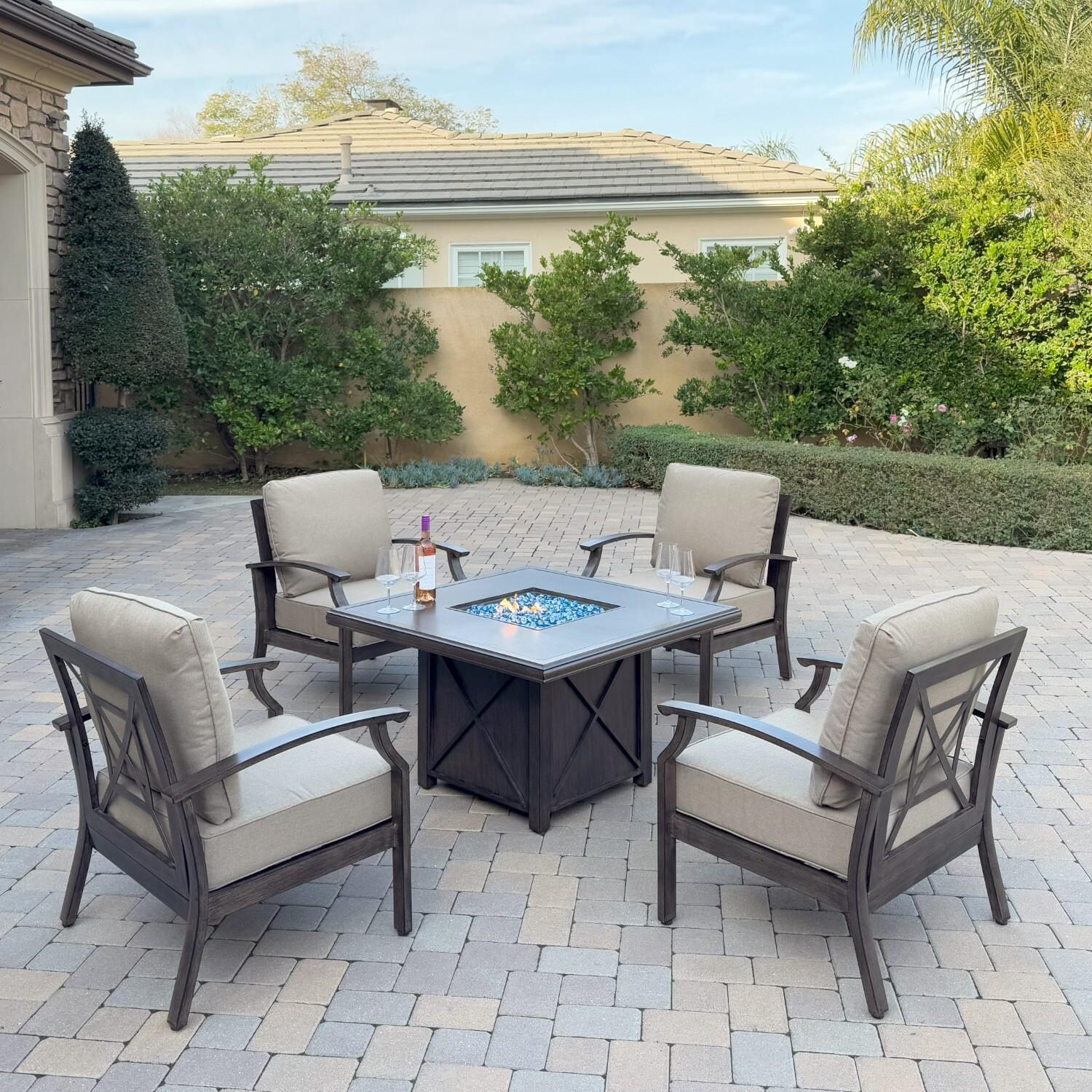 Atlantis 5 Pc Aluminum Fire Pit Seating Set w/ 4 Club Chairs in Walnut/Beige by Darlee - Hero - Lifestyle thumbnail