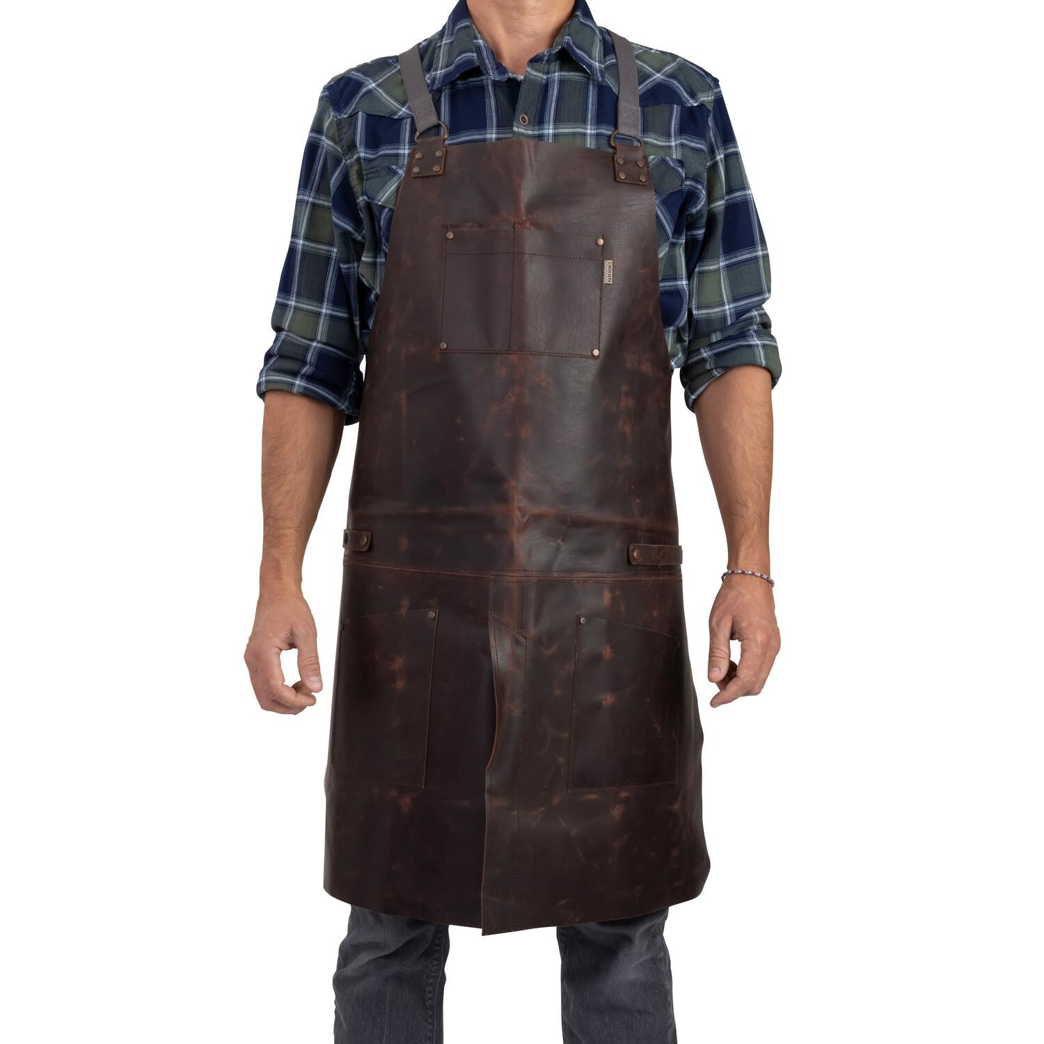 Barebones Living CKW-479 Tradesman Leather Apron - Worn Front View thumbnail