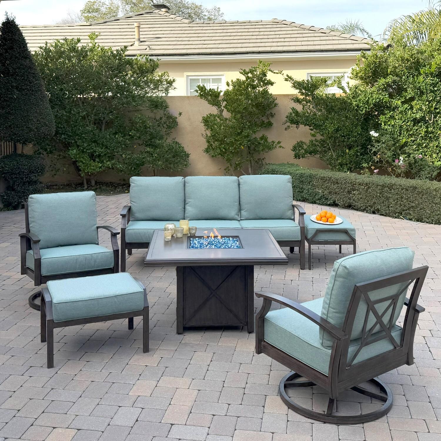 Atlantis 6 Pc Aluminum Fire Pit Seating Set w/ 2 Swivel Rocker Club Chairs, 2 Ottomans & Sofa in Walnut/Spa by Darlee - Hero - Lifestyle thumbnail
