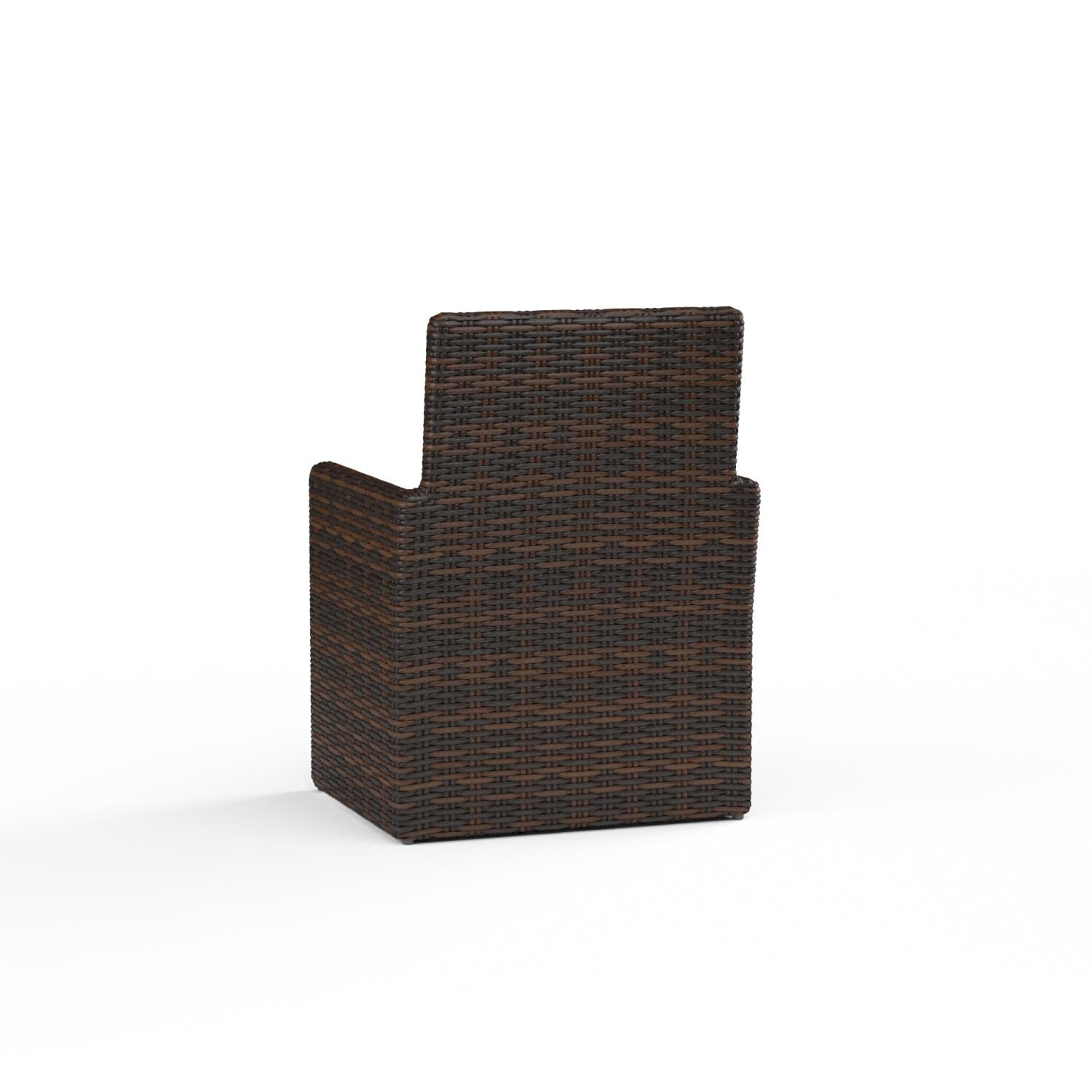 Montecito 4 Piece Wicker Patio Dining Arm Chair Set W/ Sunbrella Canvas Flax Cushions By Sunset West - Rear View - White Background thumbnail