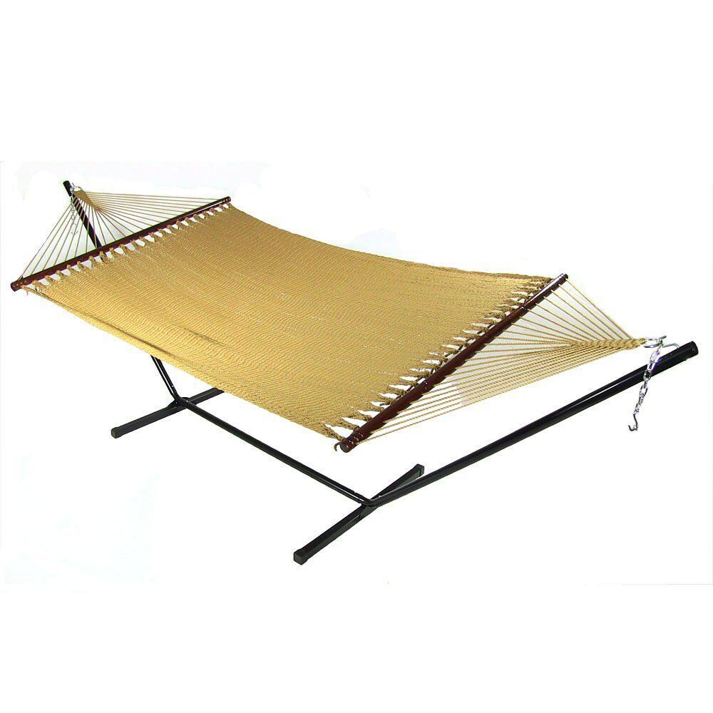 Sunnydaze Decor Soft-Spun Woven Rope Double Hammock w/ 15-Foot Black Stand - Tan - LY-CJH-TAN-COMBO image