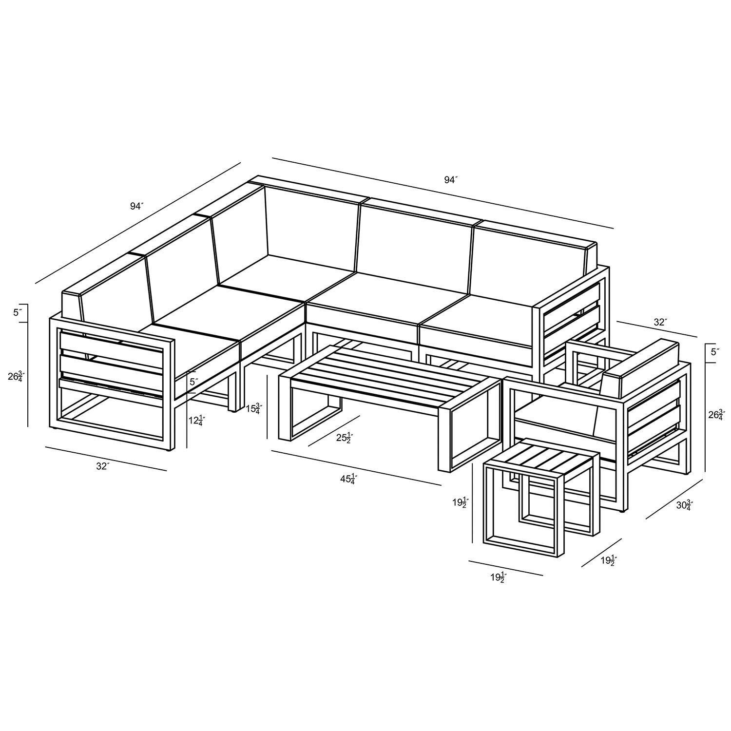 Misty Cove 8 Piece Sectional Set in Slate w/Coffee Table & Canvas Charcoal Cushions by Lakeview - Dimensional thumbnail