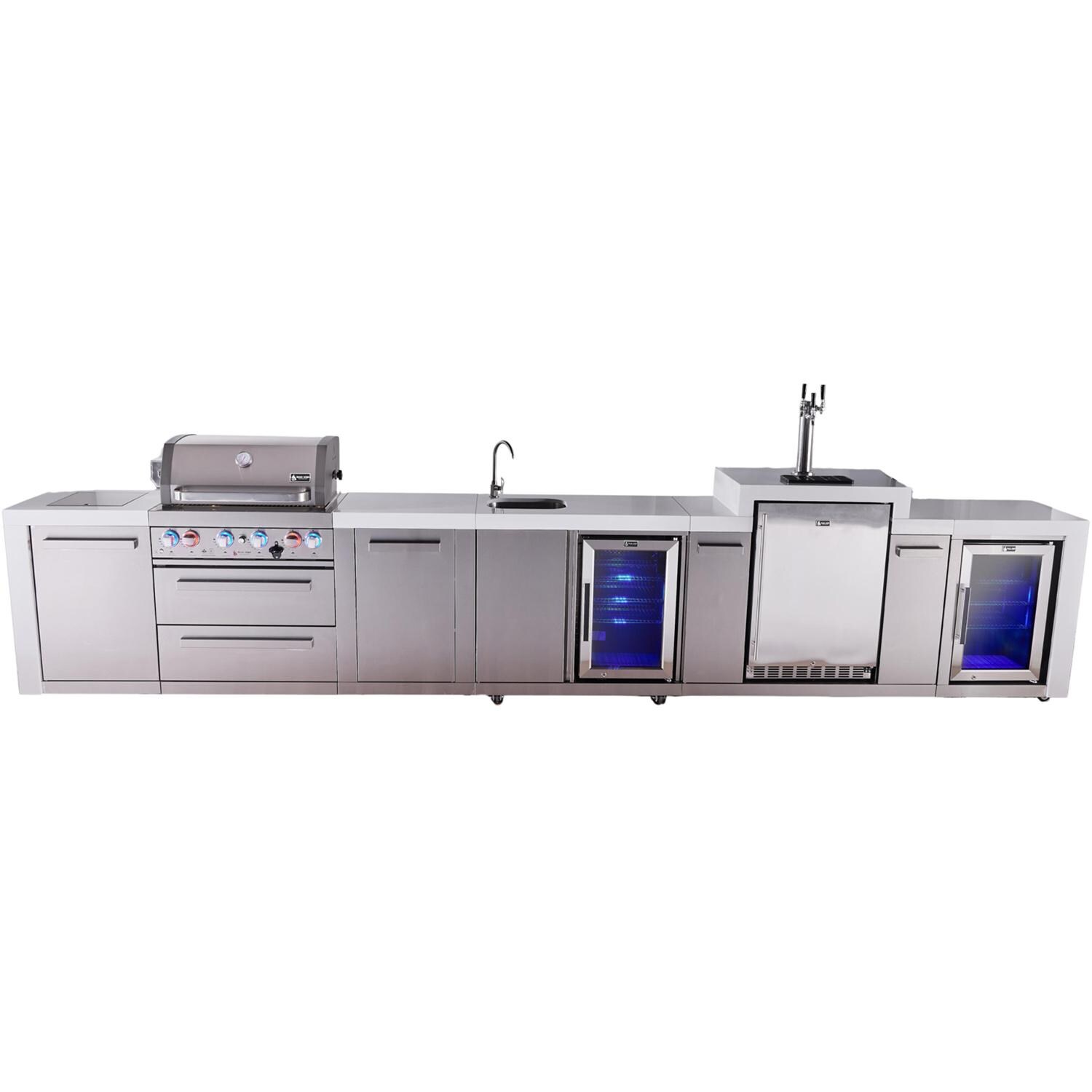 Mont Alpi Deluxe Series 16 Ft Propane Outdoor Kitchen Island w/ 32-in Grill, Side Burner, Beverage Center, Kegerator, Fridge & Extra Door - MAi400-DKEGBEVFCXL