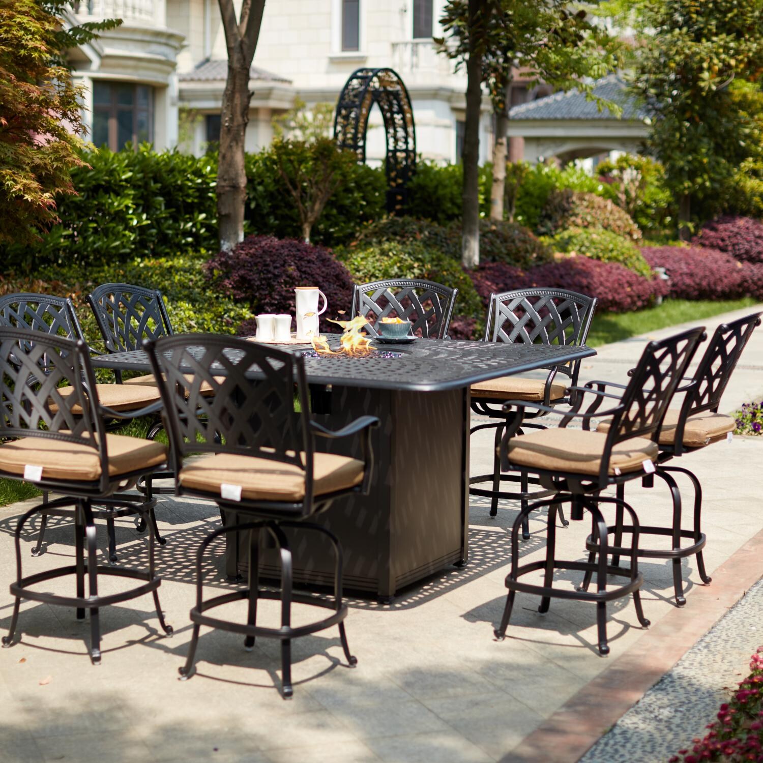 Ocean View 9 Pc Cast Aluminum Counter Height Fire Pit Dining Set w/ 64 Inch Square Signature Table in Antique Bronze/Sesame by Darlee