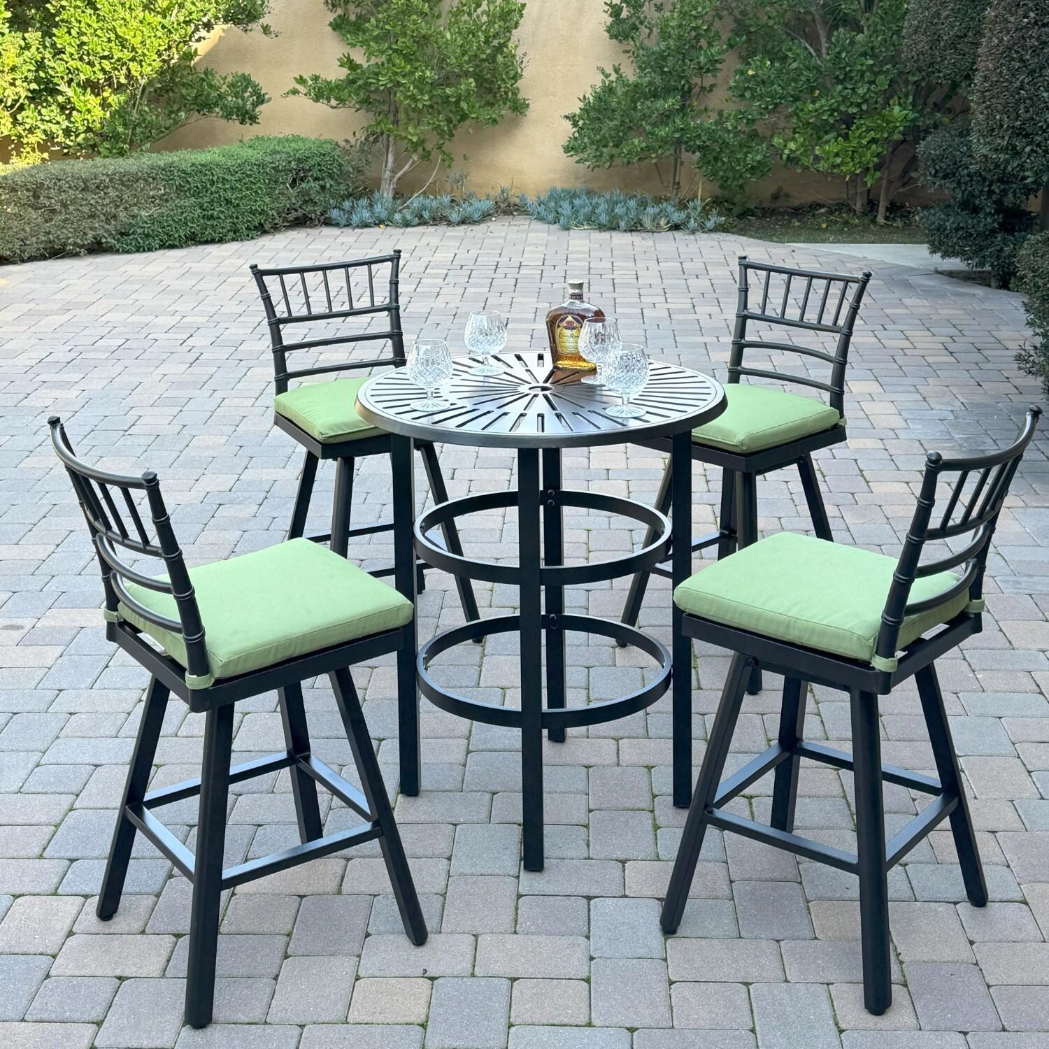 Bella 5 Pc Aluminum Swivel Counter Height Bar Set in Green/Dark Brown by Darlee - Hero - Lifestyle thumbnail