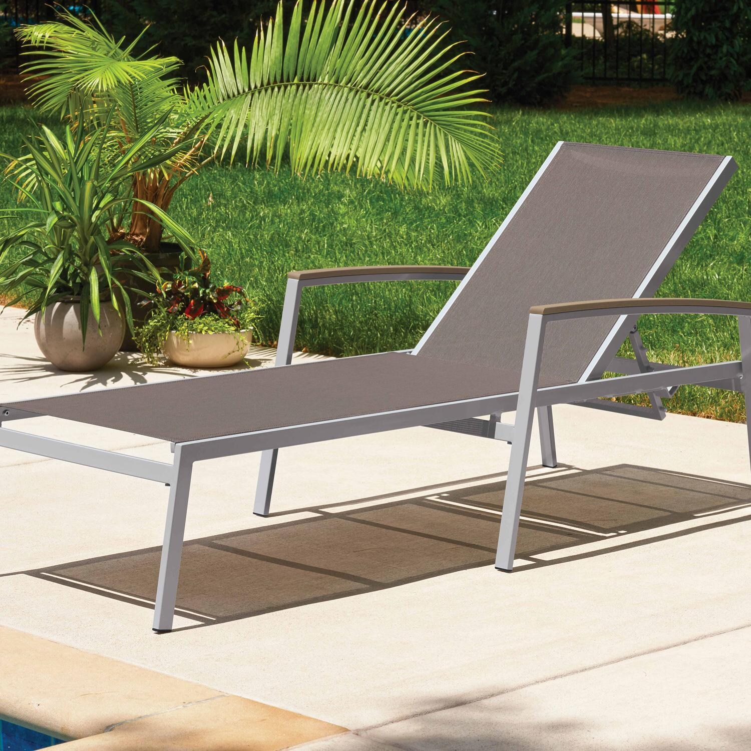 Oxford Garden Travira 4 Pc Composite Sling & Aluminum Chaise Lounge W/ Vintage Tekwood Arm Caps in Flint/Cocoa - Poolside thumbnail