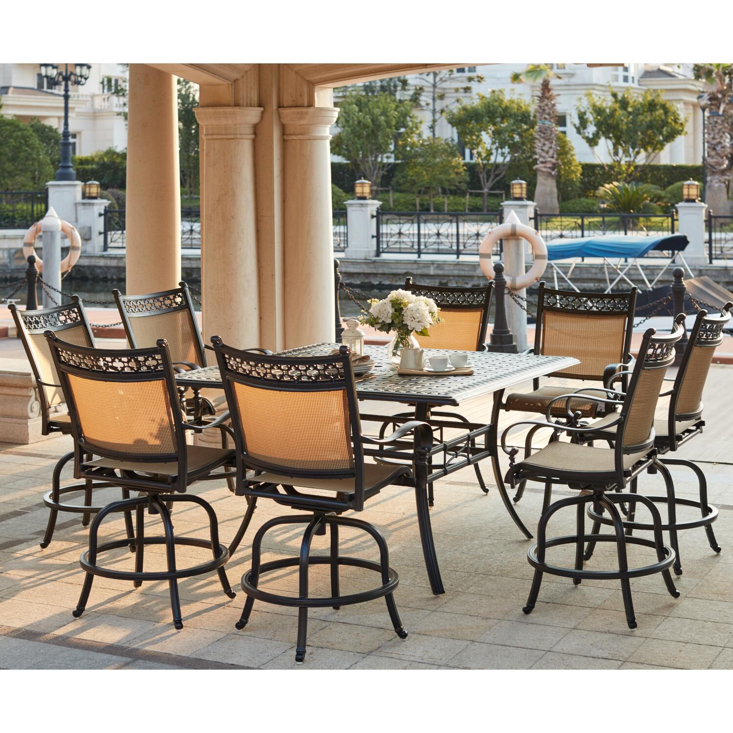 Darlee 201610-9PC-88WCH Mountain View 9 Piece Cast Aluminum Sling Patio Dining Set W/ 60 Inch Square Counter Height Table - Lifestyle thumbnail