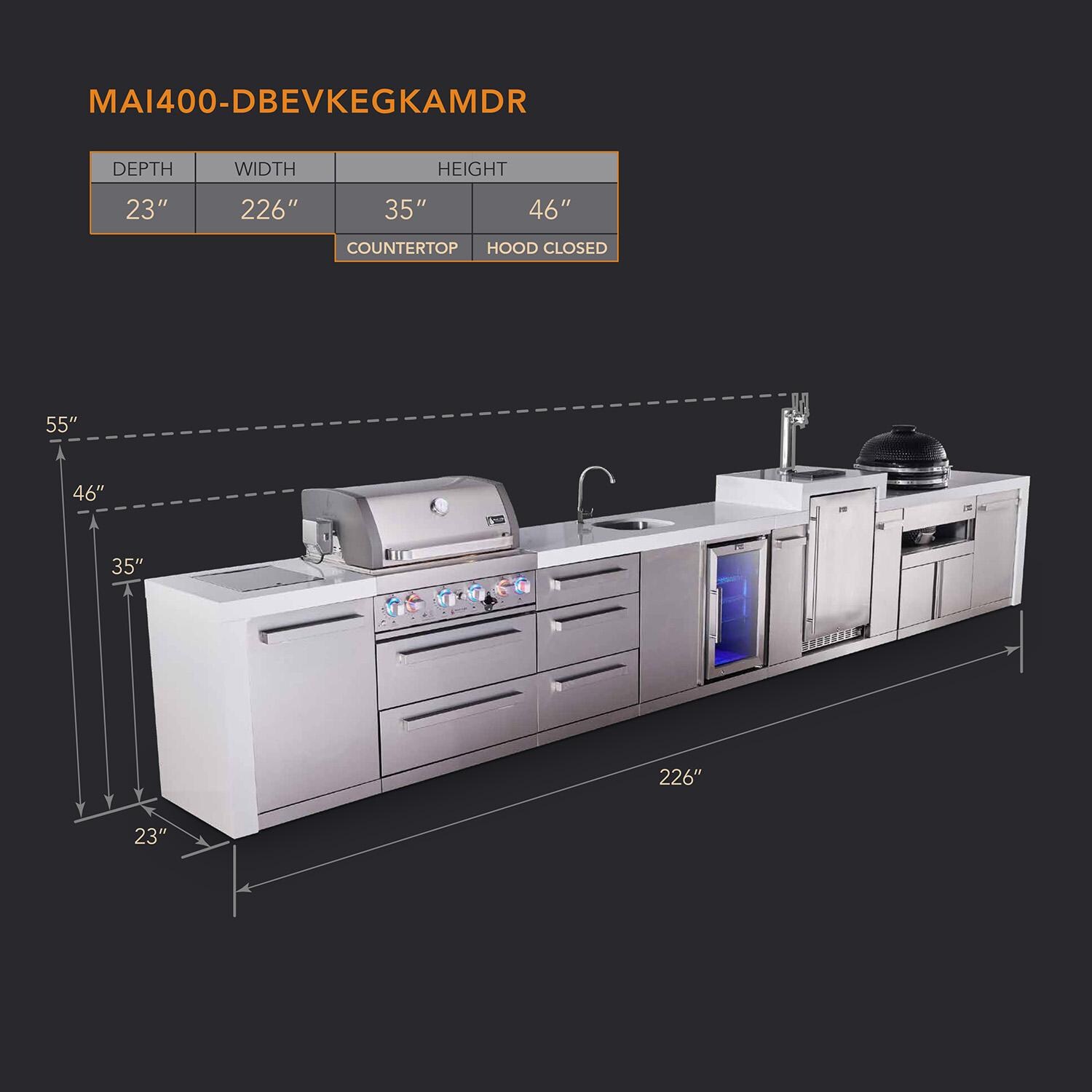 Mont Alpi Deluxe Series 15 1/2 Ft Natural Gas Outdoor Kitchen Island w/ 32-in Grill, Side Burner, Beverage Center, Kegerator, Kamado Module & Triple Drawer (Ships Propane w/ Conversion Kit) - Dimensions - Dimensional thumbnail
