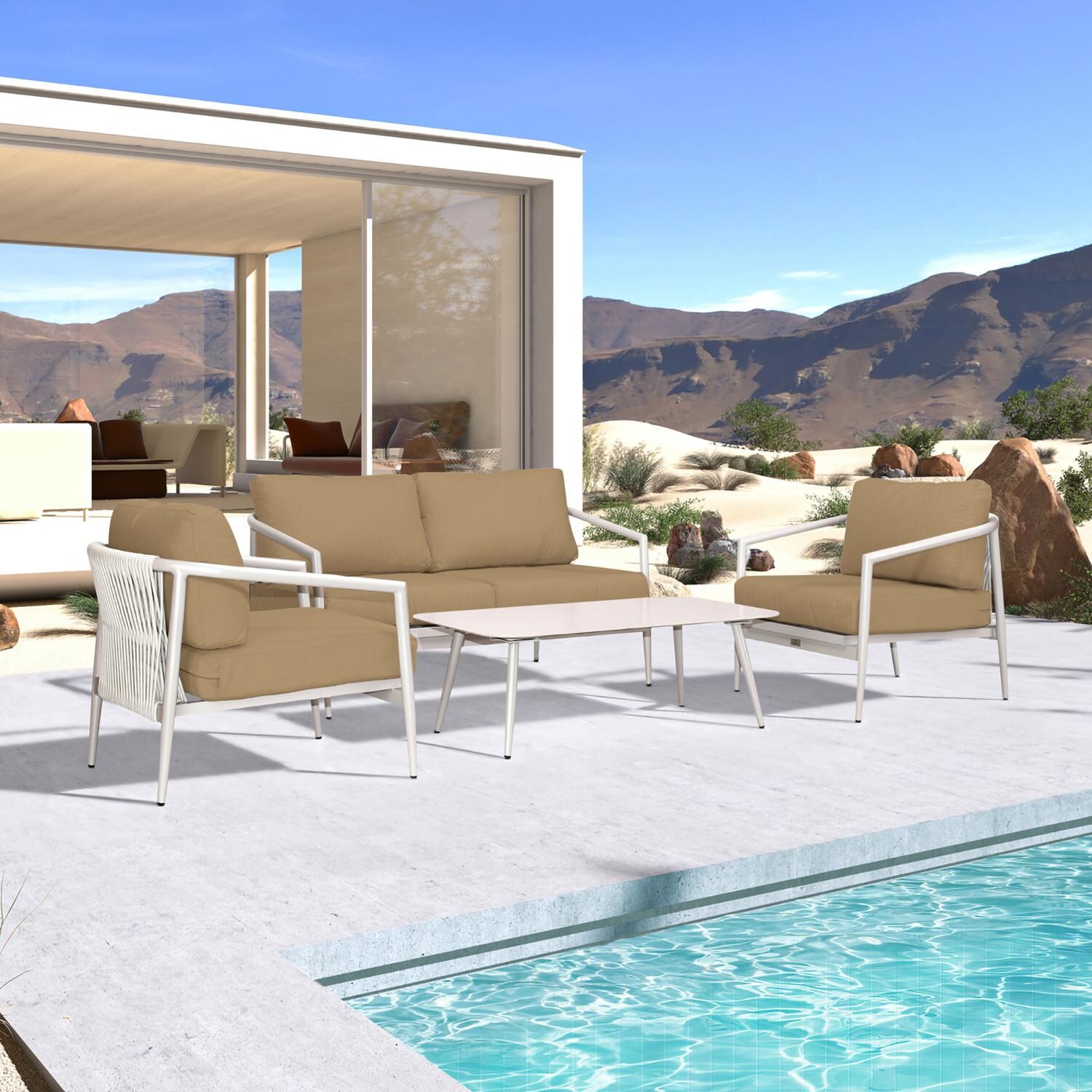 Lakeview Midnight Cove 4 Pc Aluminum Loveseat Seating Set in Urban Stone/Carrera/Heather Beige - Angled - Lifestyle thumbnail