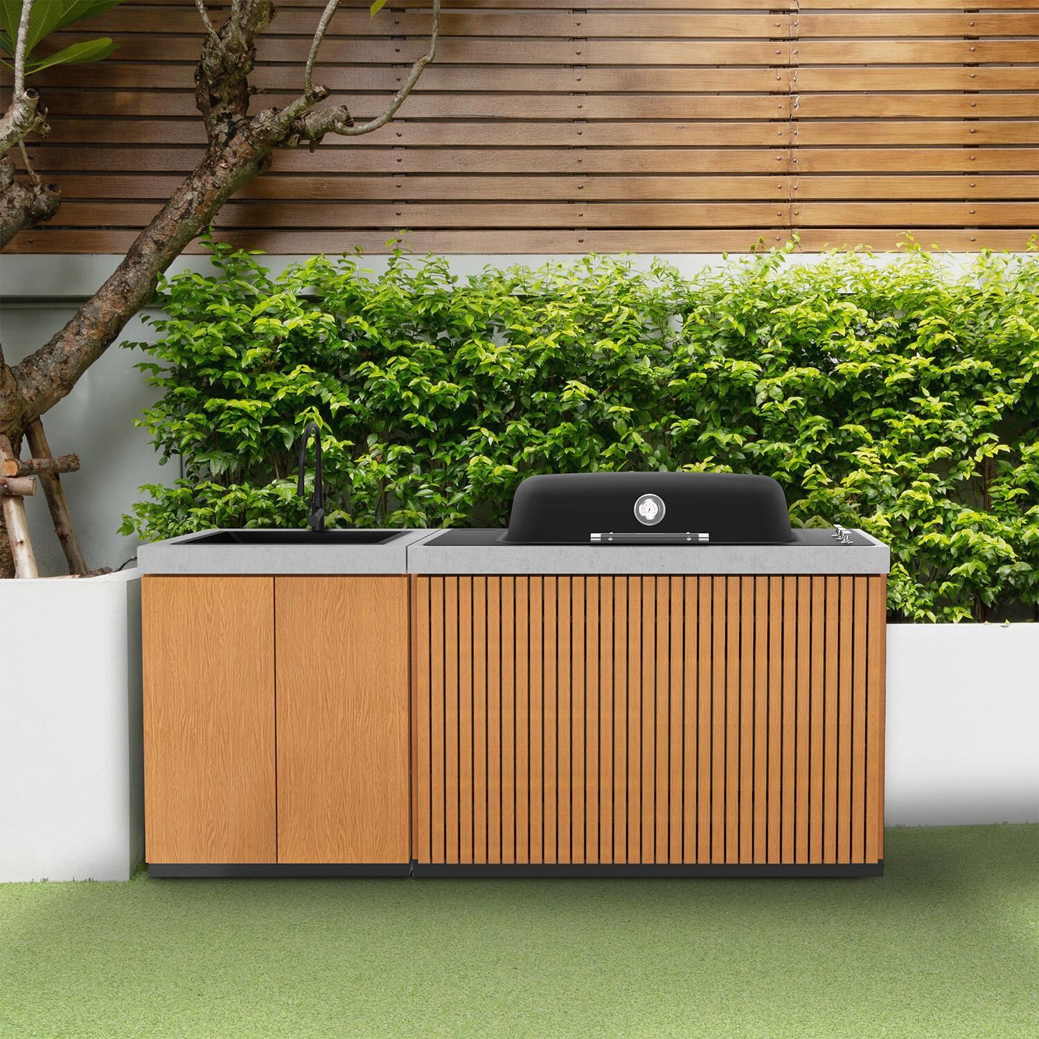 Everdure 6 Ft Outdoor Kitchen Island w/ Marine Grade Aluminum Cabinets in Timber Effect - On Patio - Lifestyle thumbnail