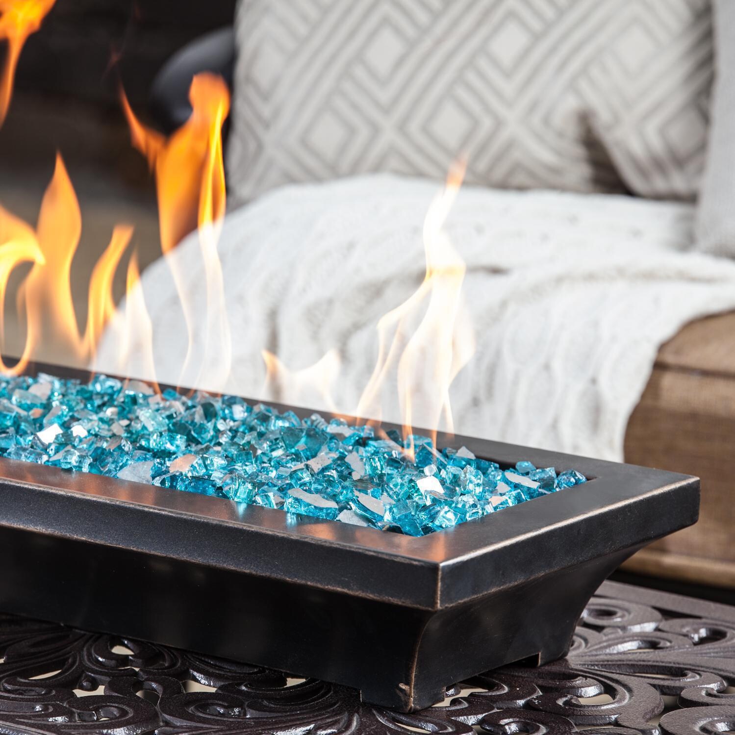 BBQGuys Signature Series Lavelle 18-Inch Table-Top Natural Gas Fire Pit - Oil Rubbed Bronze - Corner Detail - Shown with 1/2 inch Caribbean Blue Reflective Fire Glass thumbnail