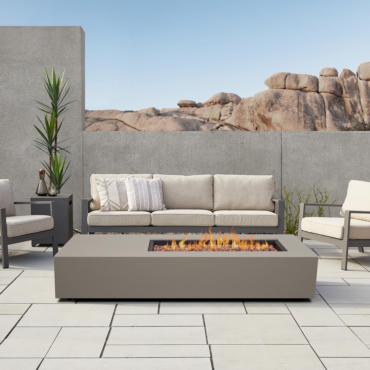 Elysian 75-in Rectangular Steel Propane Fire Pit Table in Mist Gray by Lakeview - On Patio - Lifestyle thumbnail