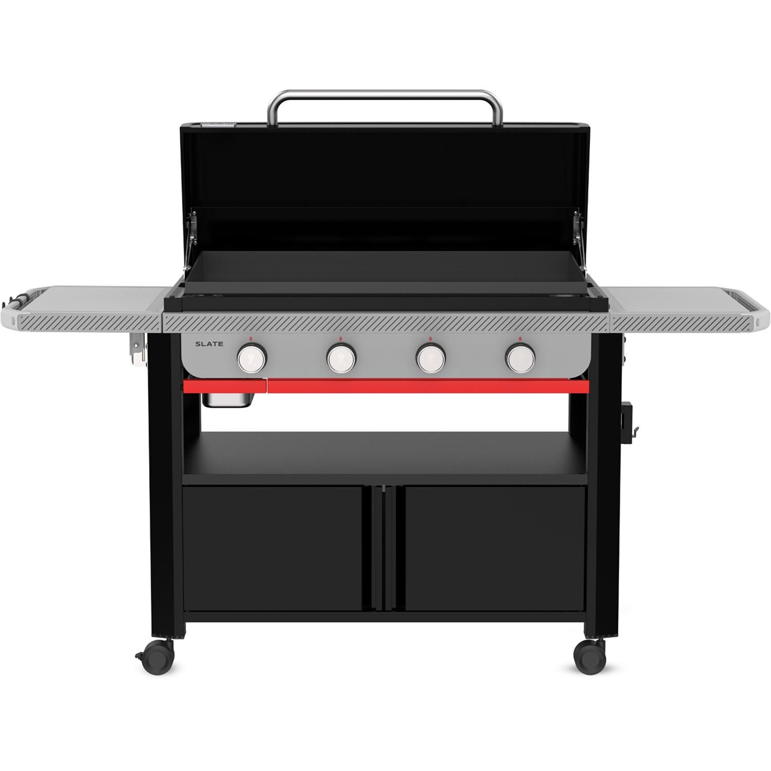 Weber Grills 1502283 Slate 36-in 4 Burner Propane Rust-Resistant Griddle w/ Closed Cabinet - Black - Front Open - White Background thumbnail