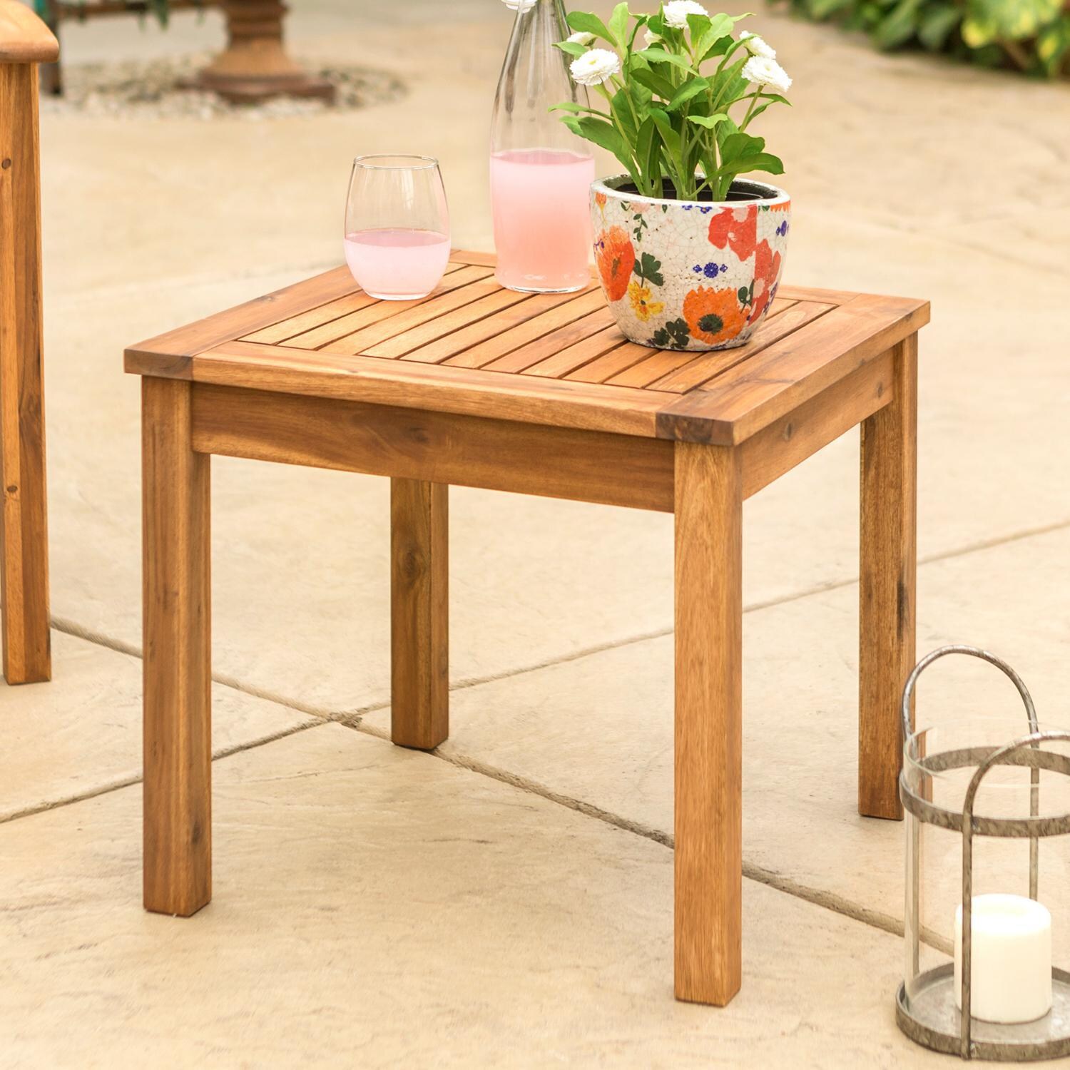 Ultimate Patio Horizon Way 20 Inch Square Brown Acacia Patio End Table - Angled View thumbnail