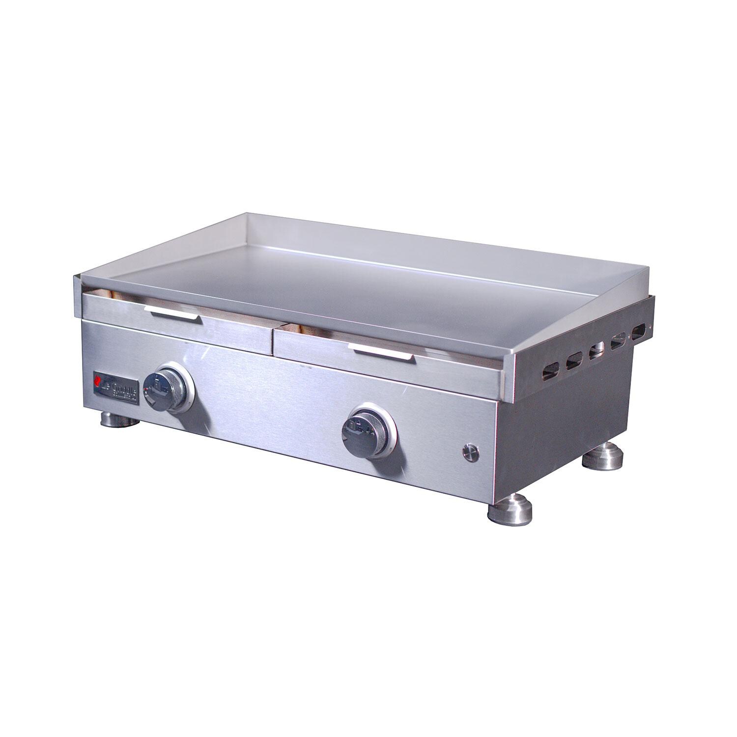 Le Griddle OML75P3 LP Pro Series 75 2 Burner Built-In Propane Flat Top Grill w/ 3mm Plate - Grease Disposal Drawers Inserted - Angled Left - White Background thumbnail