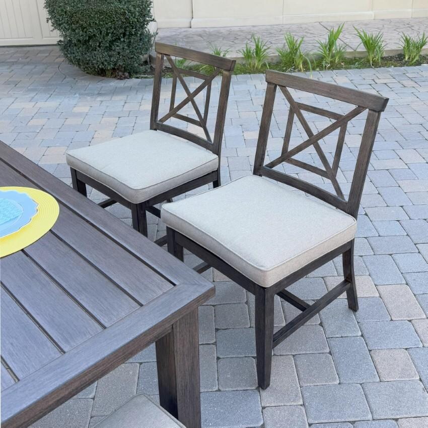 Atlantis Aluminum Dining Side Chair Set of 2 w/ Beige Cushions in Walnut By Darlee - Shown at Table From Right - Lifestyle thumbnail