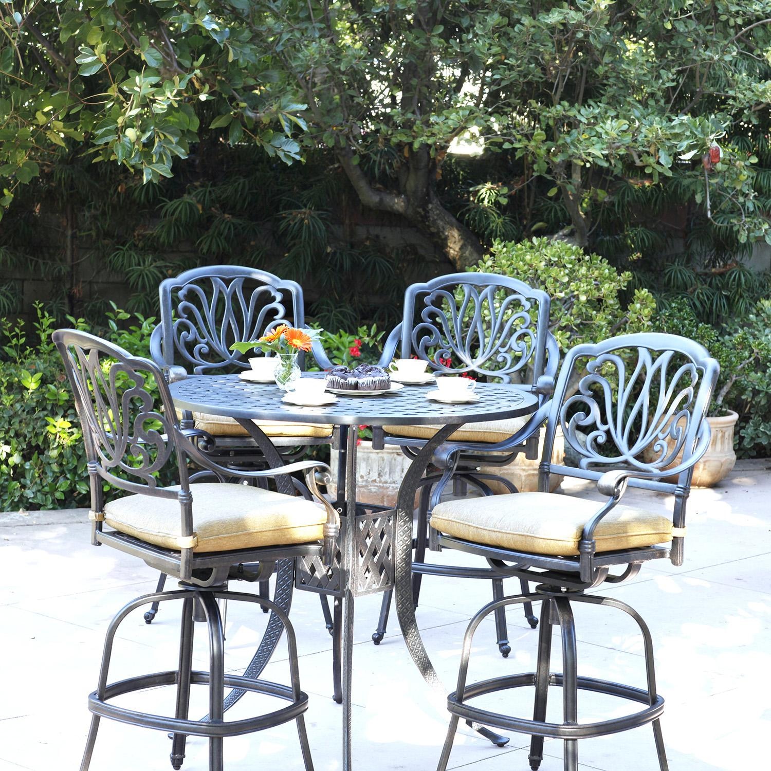 Darlee Elisabeth 5 Pc Cast Aluminum Bar Set w/ 42 Inch Round Series 30 Table in Antique Bronze/Beige - Set on Patio - Lifestyle thumbnail