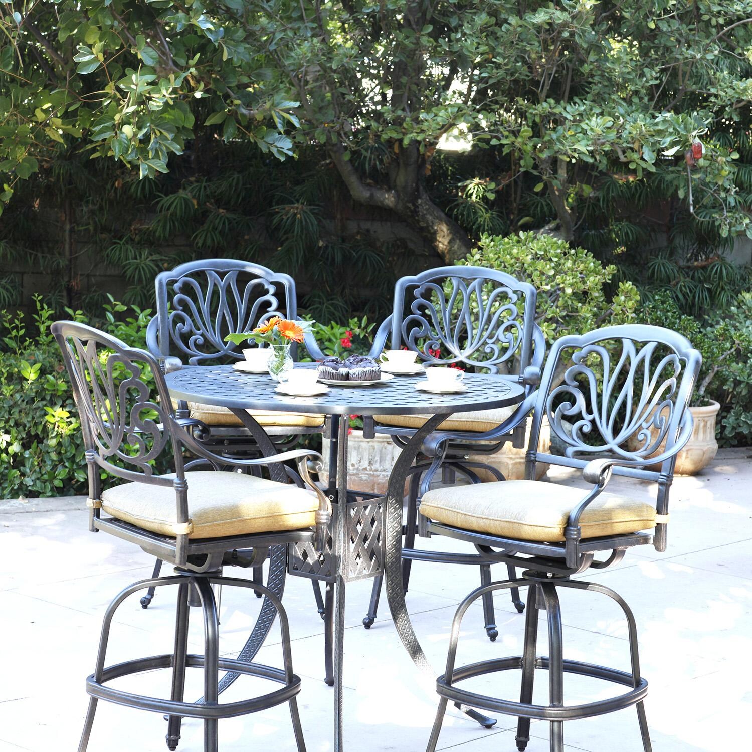 Darlee Elisabeth 5 Pc Cast Aluminum Bar Set w/ 42 Inch Round Series 30 Table in Antique Bronze/Beige - Set on Patio - Lifestyle thumbnail