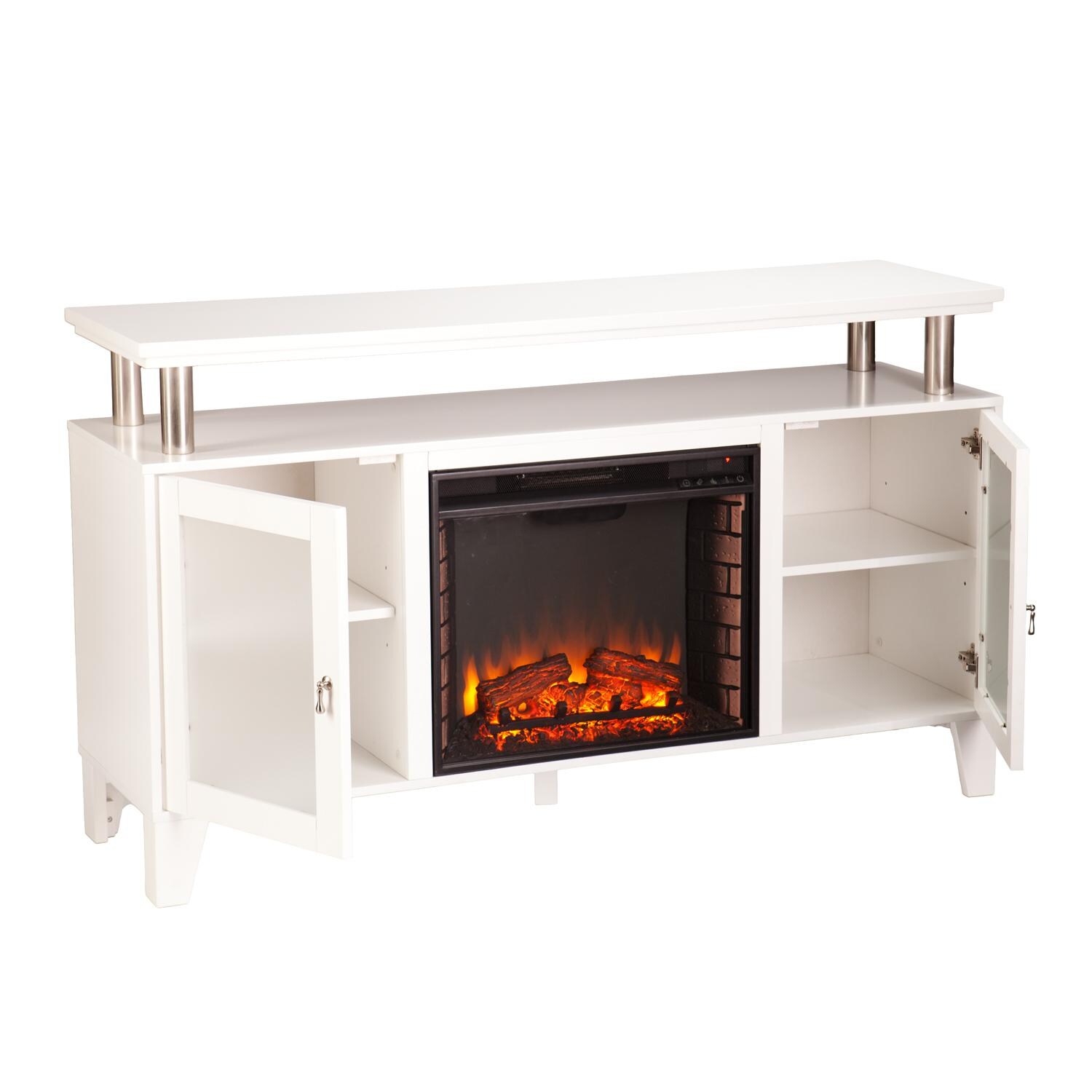 Southern Enterprises Cabrini 60-Inch Electric Fireplace Media Console - White - Both Cabinets Open thumbnail