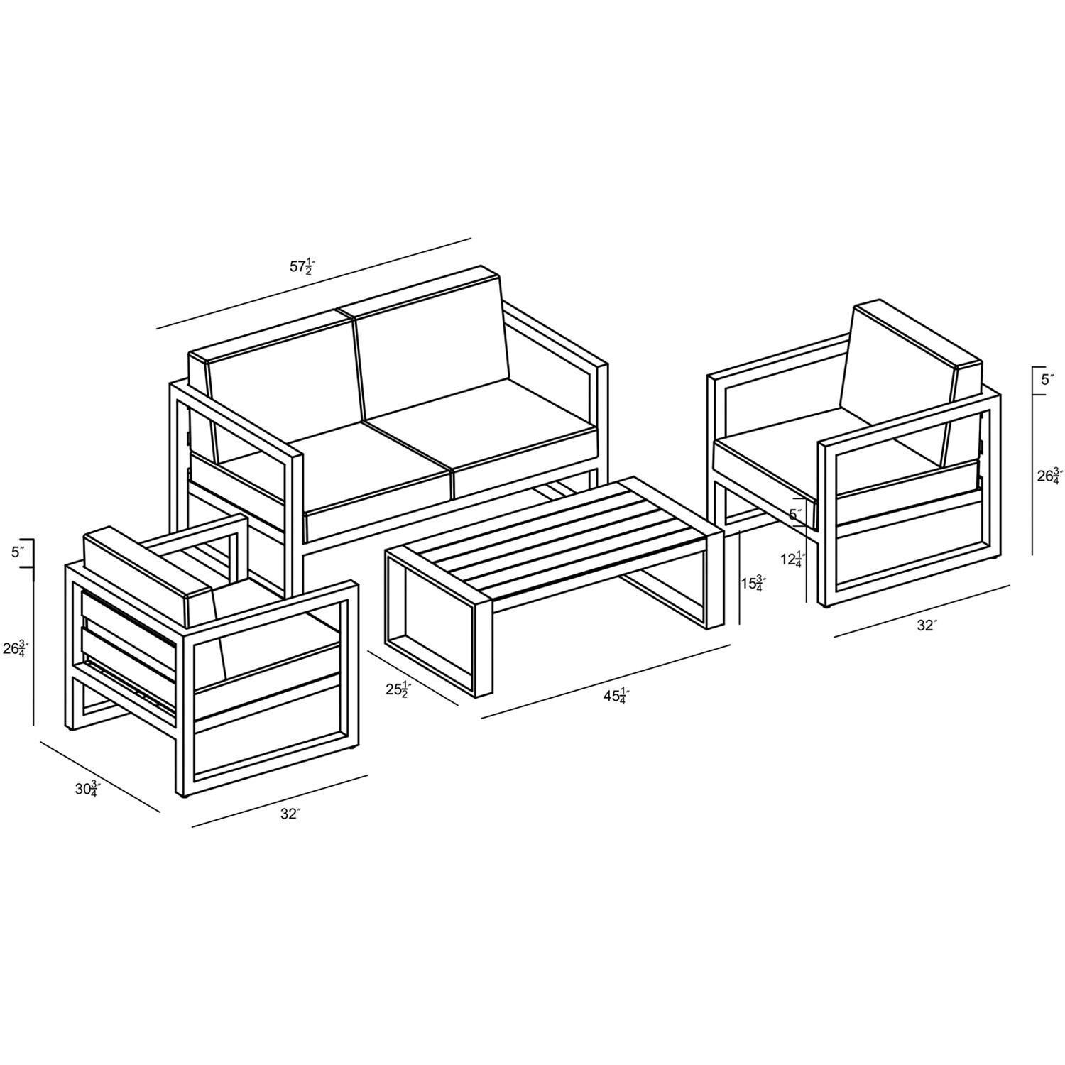 Lakeview MSTYMAS-BK-4SS-HB Misty Cove 4 Pc Aluminum Seating Set in Black w/Loveseat & Heather Beige Cushions by Lakeview Outdoor Designs - Line Drawing - Dimensional thumbnail