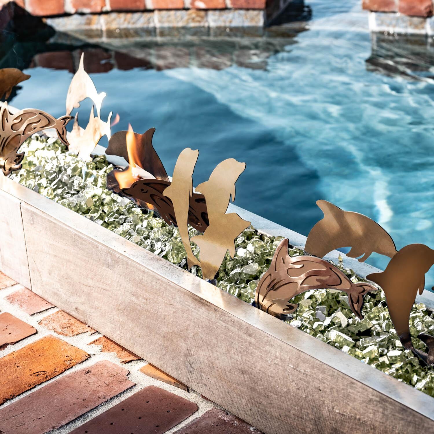 BBQGuys Signature Series 72-Inch Linear Drop-In Fire Pit Pan - Dolphin Seascape w/ White Gold Fire Glass