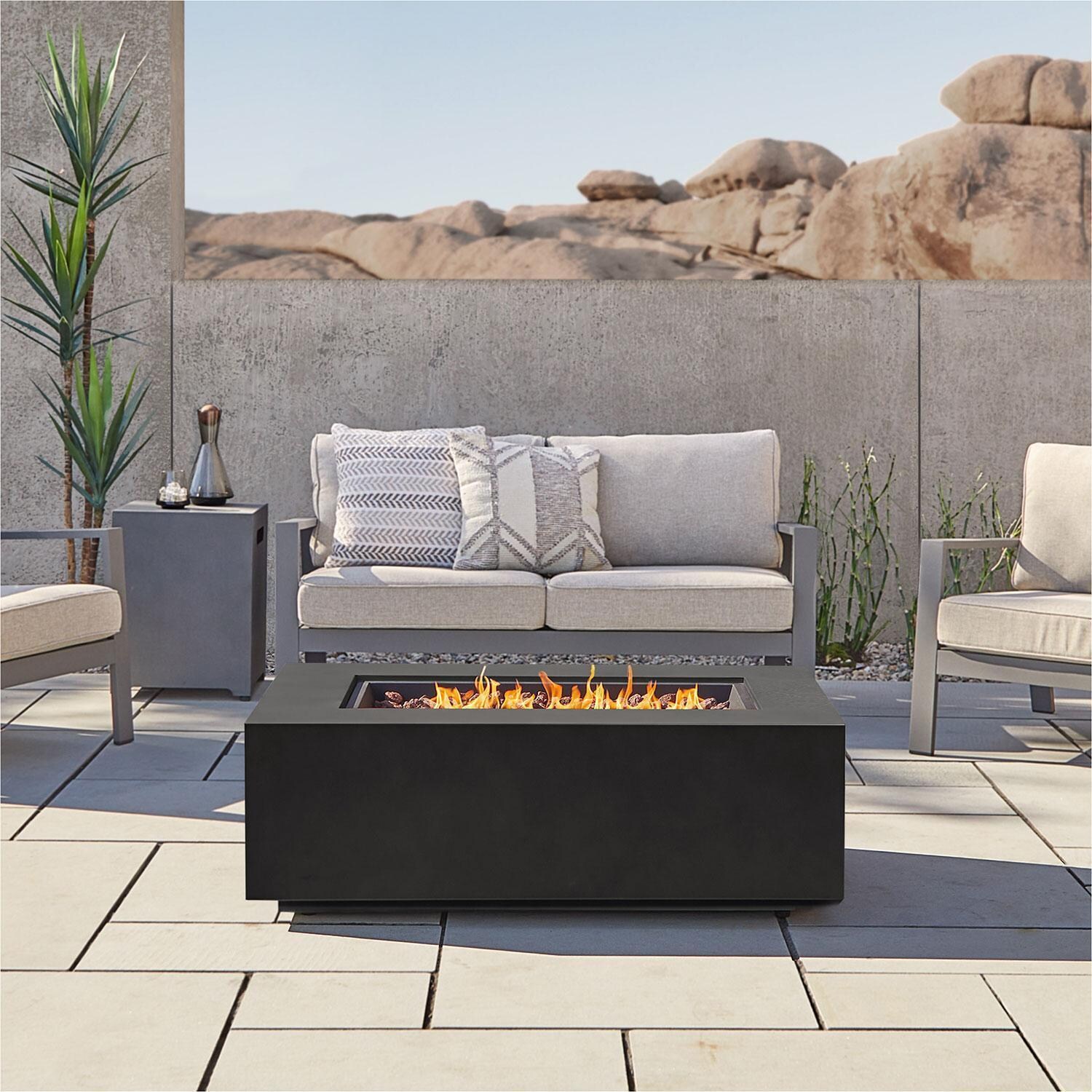 Elysian 42 Inch Rectangular Powder Coated Steel Propane Fire Pit Table in Black by Lakeview Outdoor Designs - Close Up - Lifestyle thumbnail