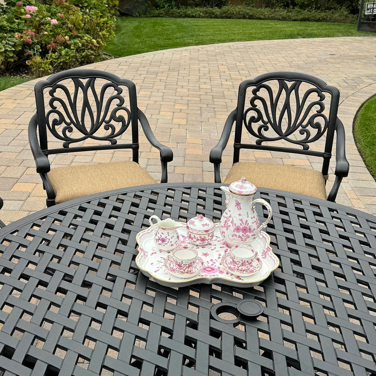 Elisabeth 7 Pc Cast Aluminum Dining Set w/ Series 30 Table in Antique Bronze by Darlee - Close Up - Lifestyle thumbnail