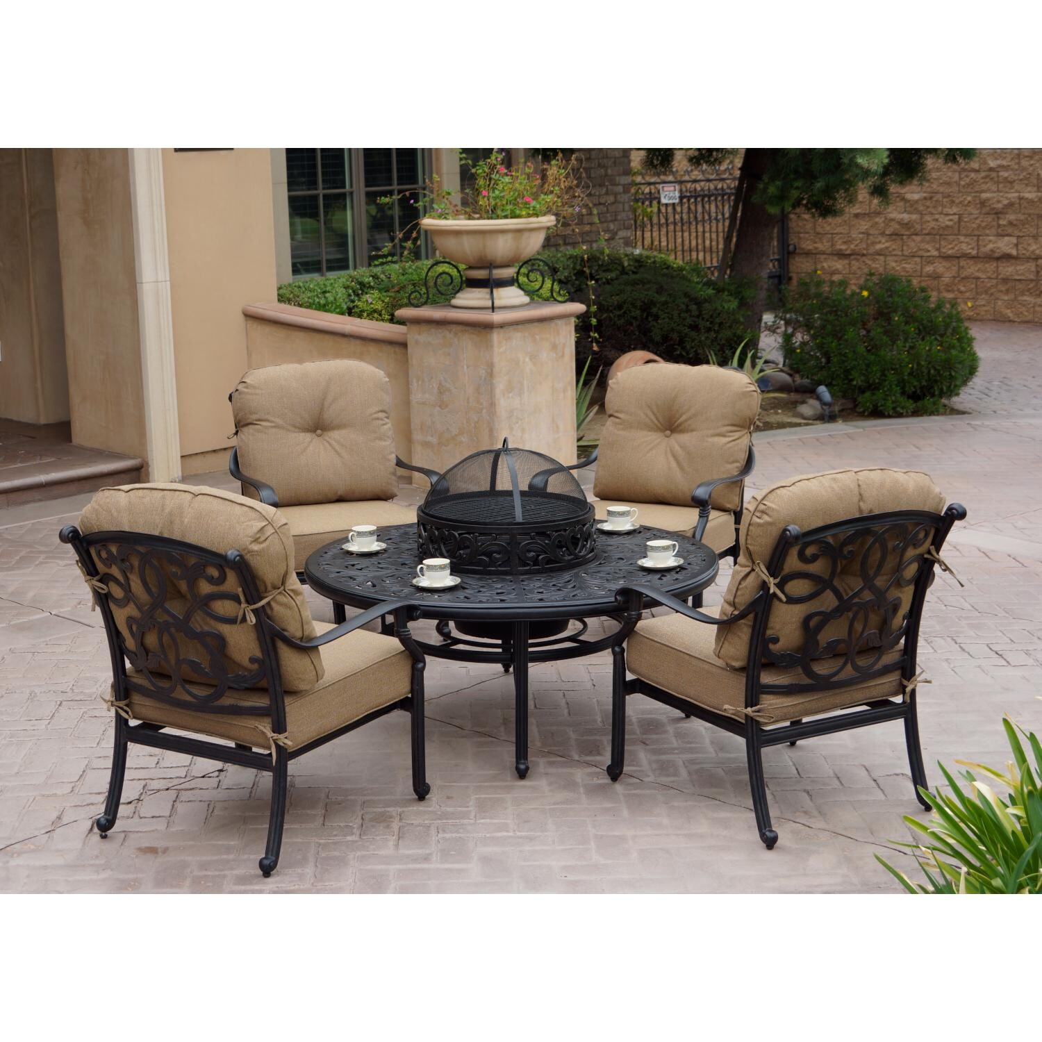 Darlee DL2058-5PC-80QB Santa Monica 5 Piece Cast Aluminum Patio Fire Pit Conversation Set W/ Ice Bucket & Sesame Cushions - Lifestyle thumbnail