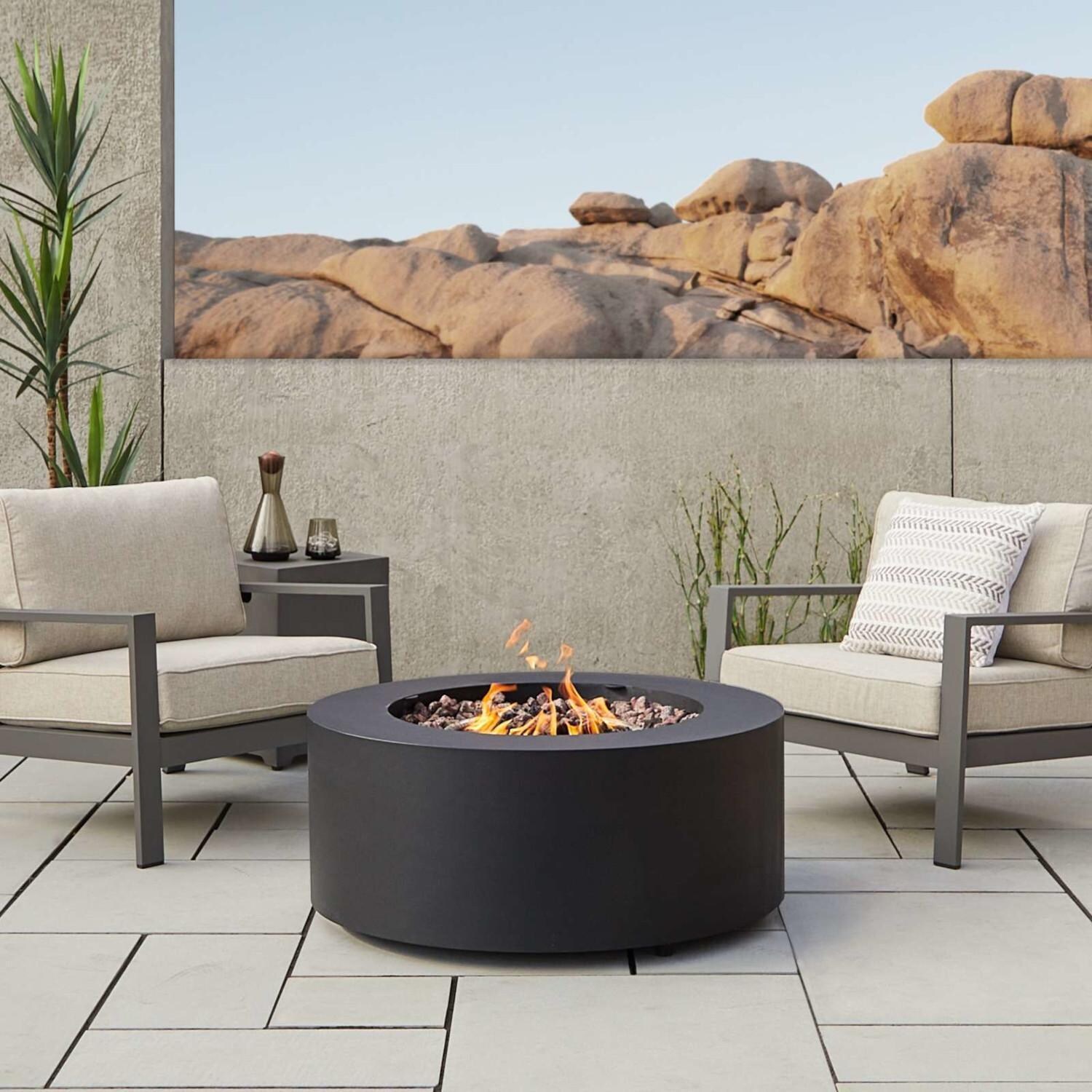 Elysian 4 Pc Powder Coated Steel Seating Set w/ 36 Inch Round Fire Pit in Black by Lakeview - Set - Lifestyle thumbnail