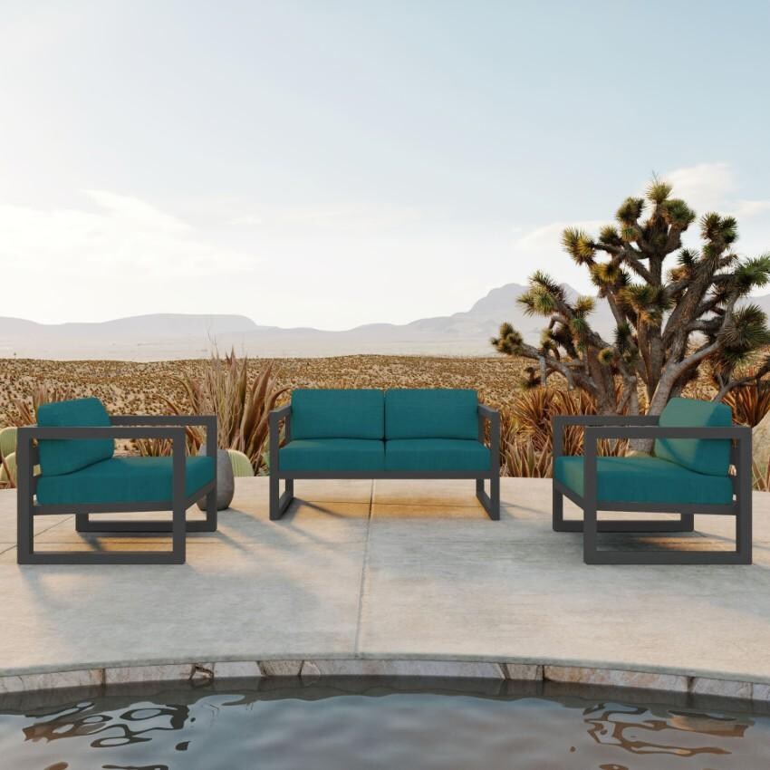 Misty Cove 3 Piece Seating Set in Slate w/Loveseat & Spectrum Peacock Cushions by Lakeview - Hero - Lifestyle thumbnail