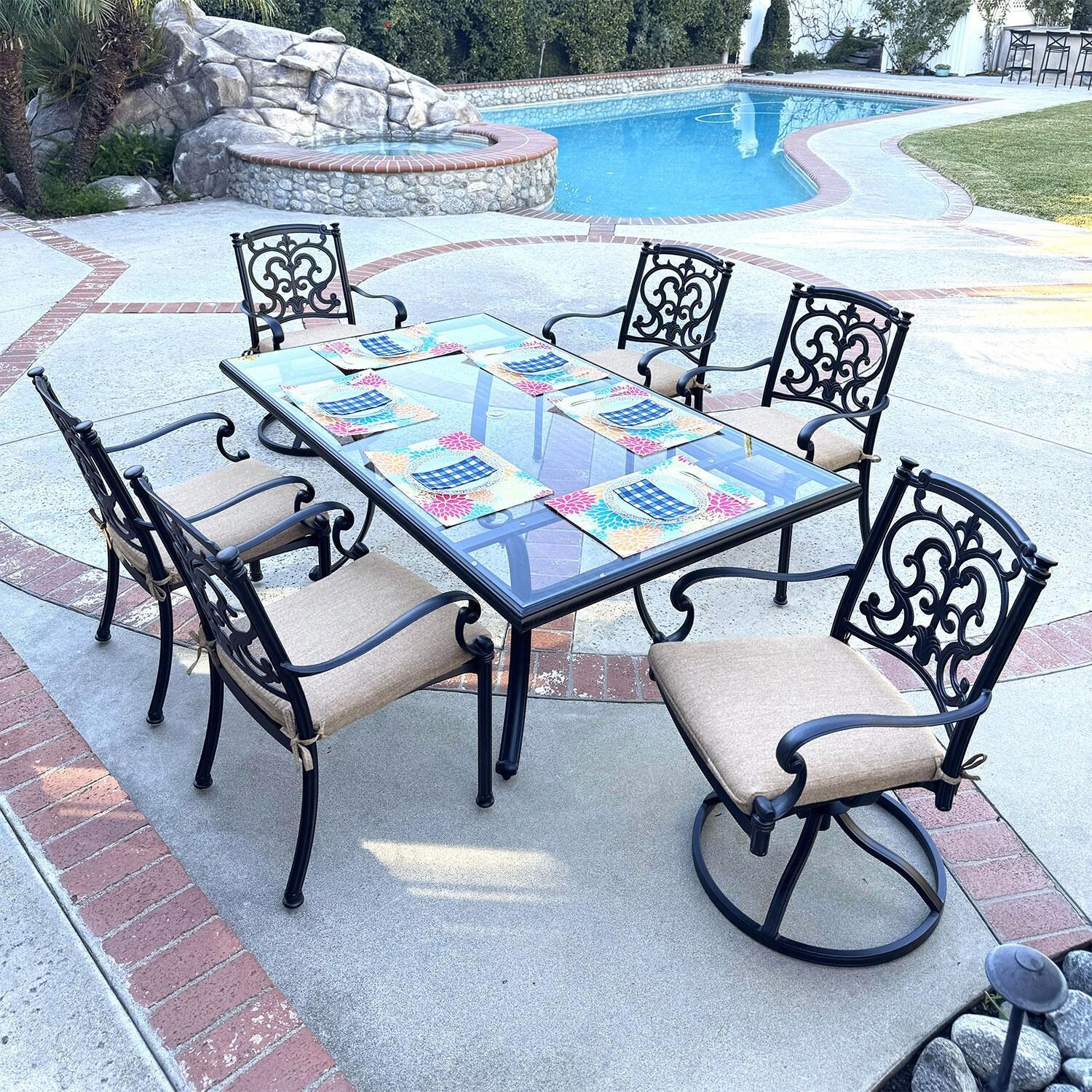 Santa Barbara 7 Pc Cast Aluminum Swivel / Rocker Dining Set in Antique Bronze/Beige Canvas by Darlee - Lifestyle thumbnail