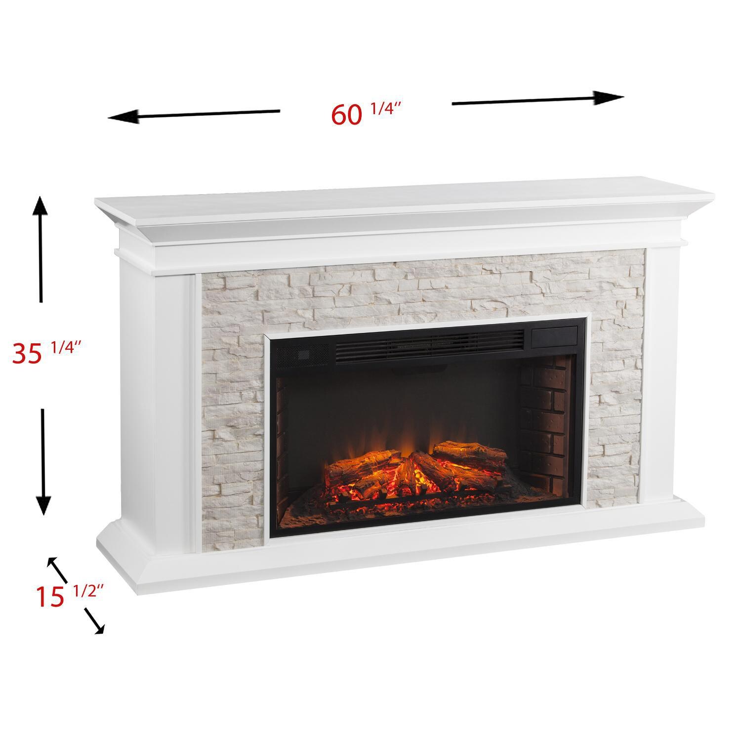 Southern Enterprises Canyon Heights 60-Inch Electric Fireplace Mantel - White W/ Rustic White Faux Stone - FE9021 - Measurements thumbnail
