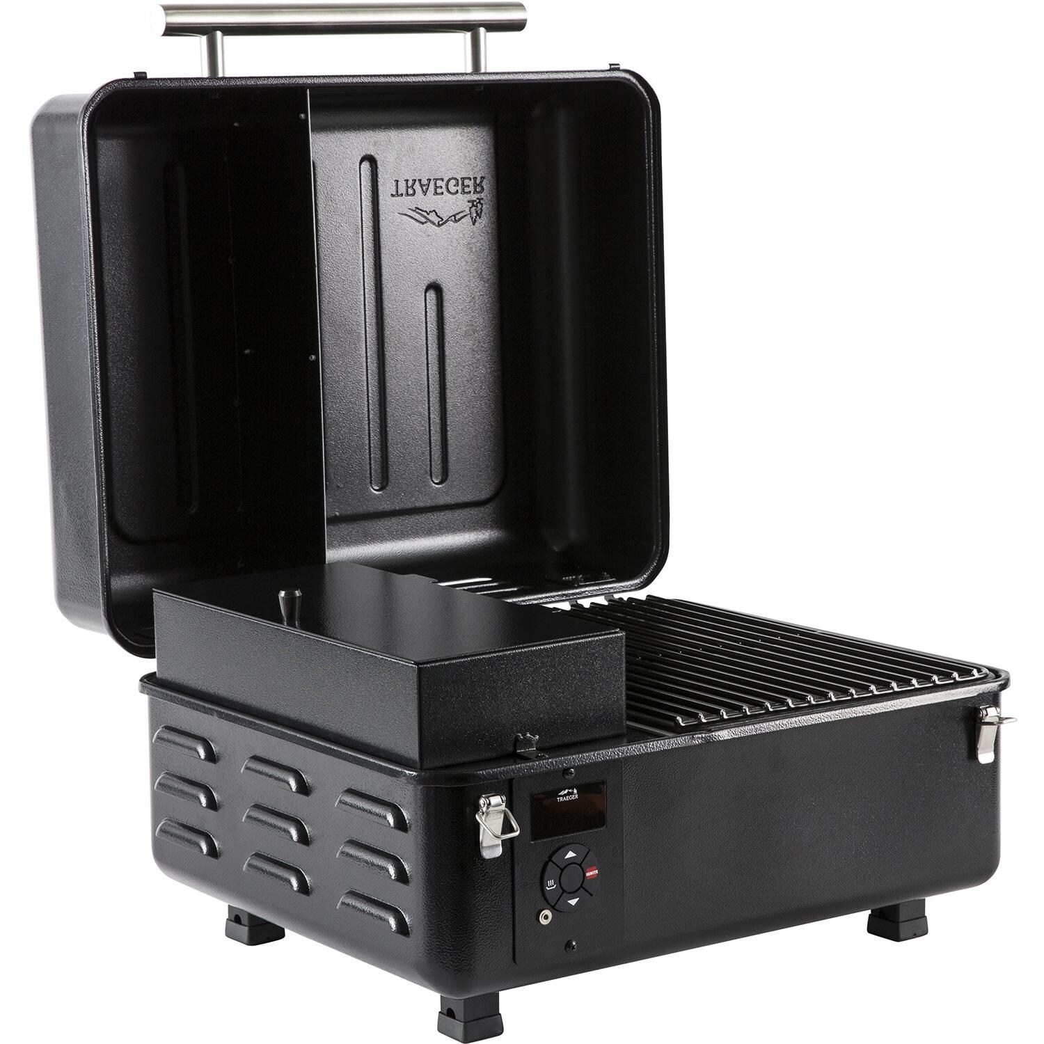 Traeger Ranger Portable Tabletop Grill - Grill Open Left Angled View thumbnail