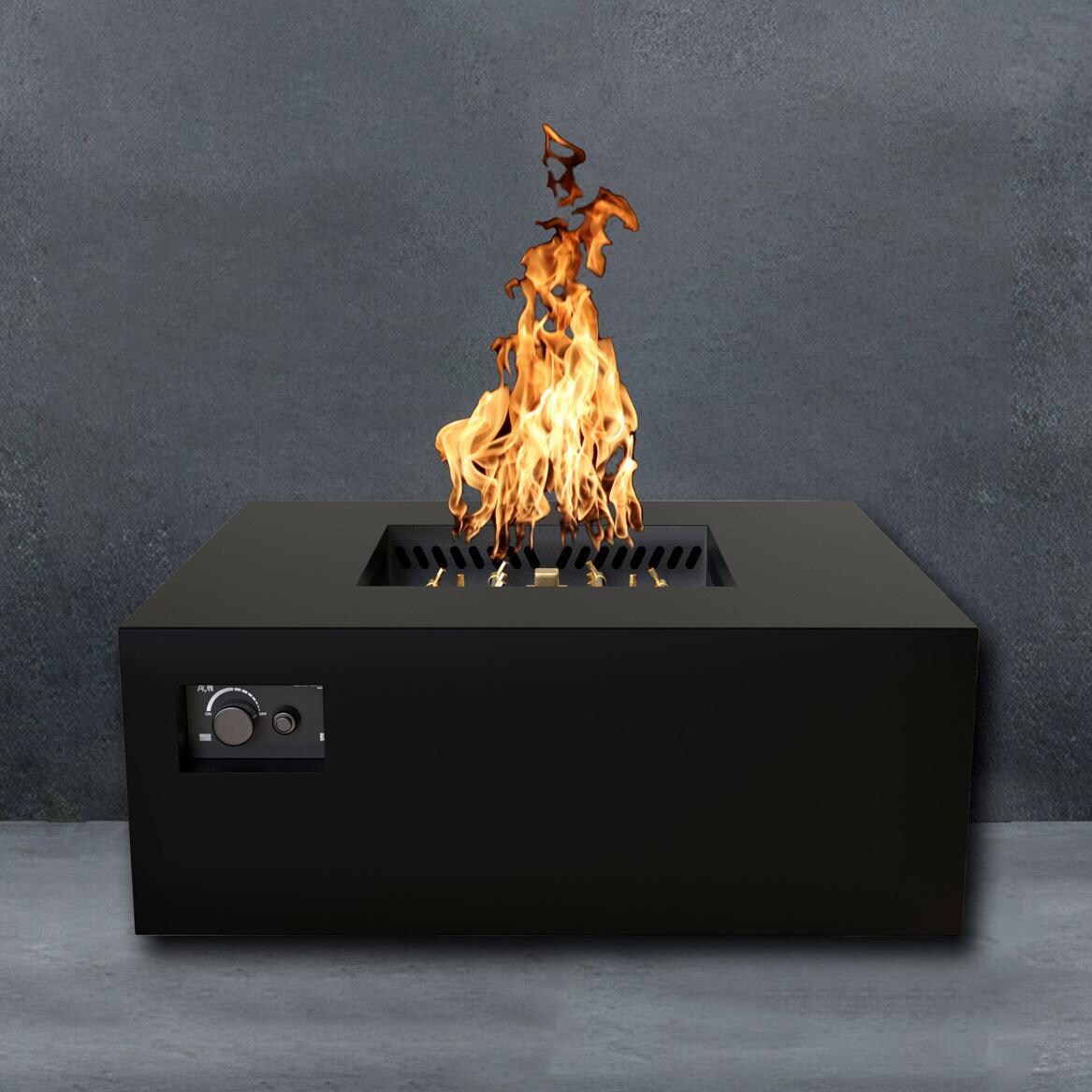 AON 40 Inch Square Powder Coated Steel Propane Fire Pit Table in Black By Warming Trends - Fire - Detail