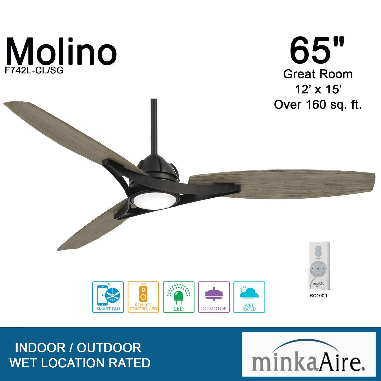 Minka-Aire F742L-CL/SG Molino 65-Inch 3-Blade LED Smart Ceiling Fan in Coal Finish w/ Seashore Grey Blades & Etched White Glass - Overview thumbnail