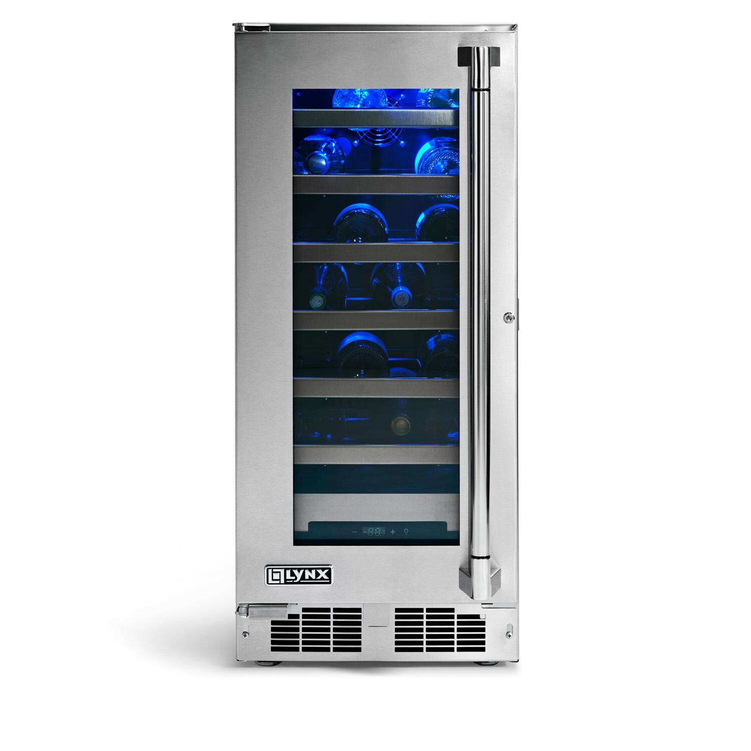 Lynx LN15WINE 15-in 2.7 Cu. Ft. Outdoor Wine Refrigerator w/ Lock - Door Closed w/ Wine - White Background thumbnail