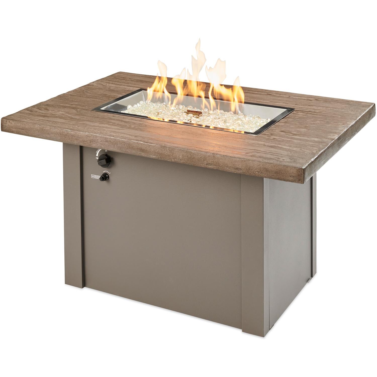 The Outdoor GreatRoom Company Havenwood HVDG-1224-K-NG 44-Inch Rectangular Natural Gas Fire Pit Table with Driftwood Everblend Top and 24-Inch Crystal Fire Burner - Ships As Propane With Conversion Fittings - Grey - Shown With Burner Lit thumbnail