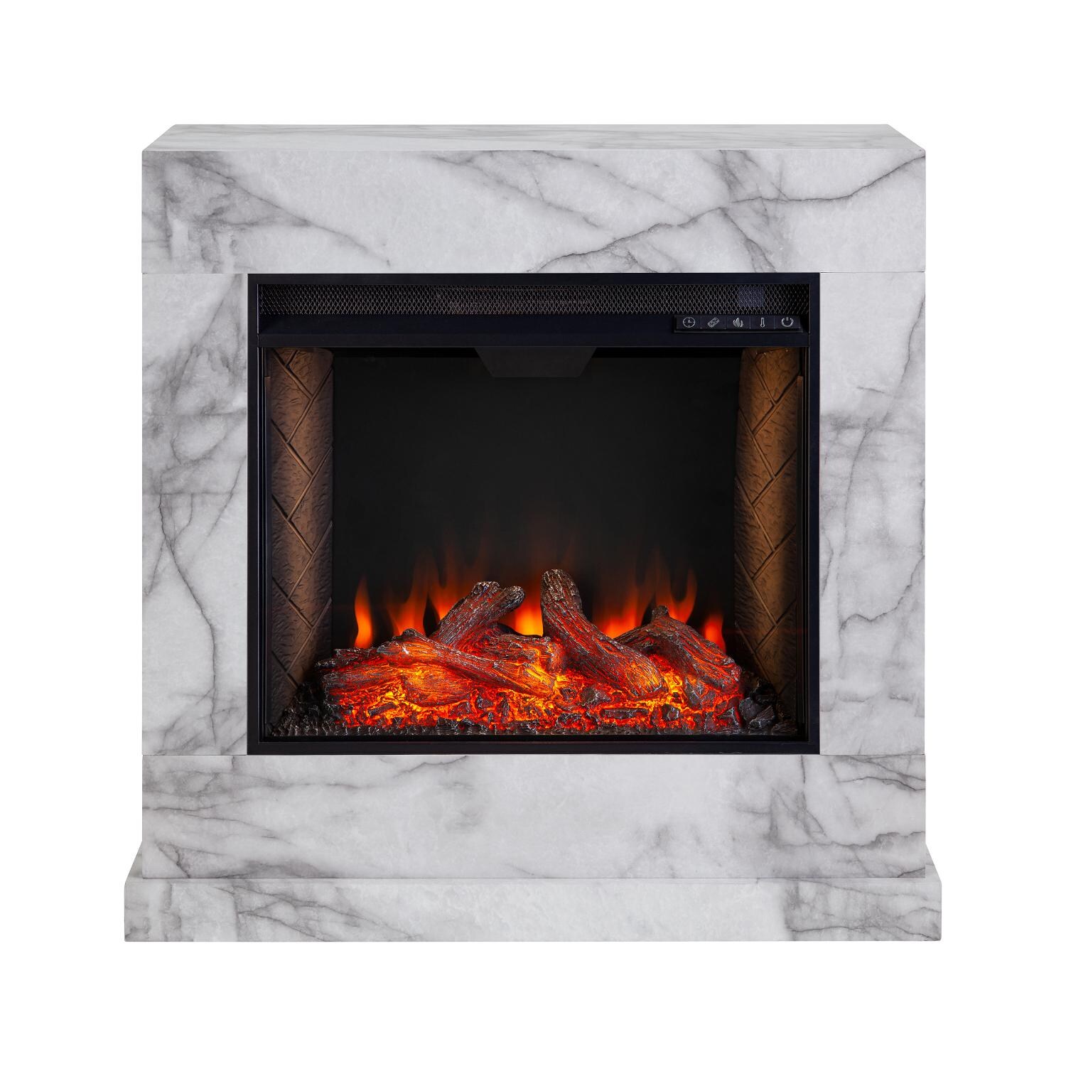 Southern Enterprises FS1062859 Dendale 33-Inch Electric Fireplace W/ Alexa-Enabled Smart Firebox - White Faux Marble - Front View thumbnail