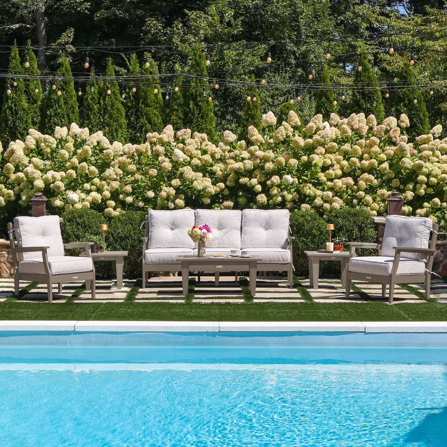 Blushing Bay 6 Pc Recycled Plastic Seating Set w/ Sofa in Lively Parchment/Woodland Brown by Lakeview Outdoor Designs - By the Pool - Lifestyle thumbnail