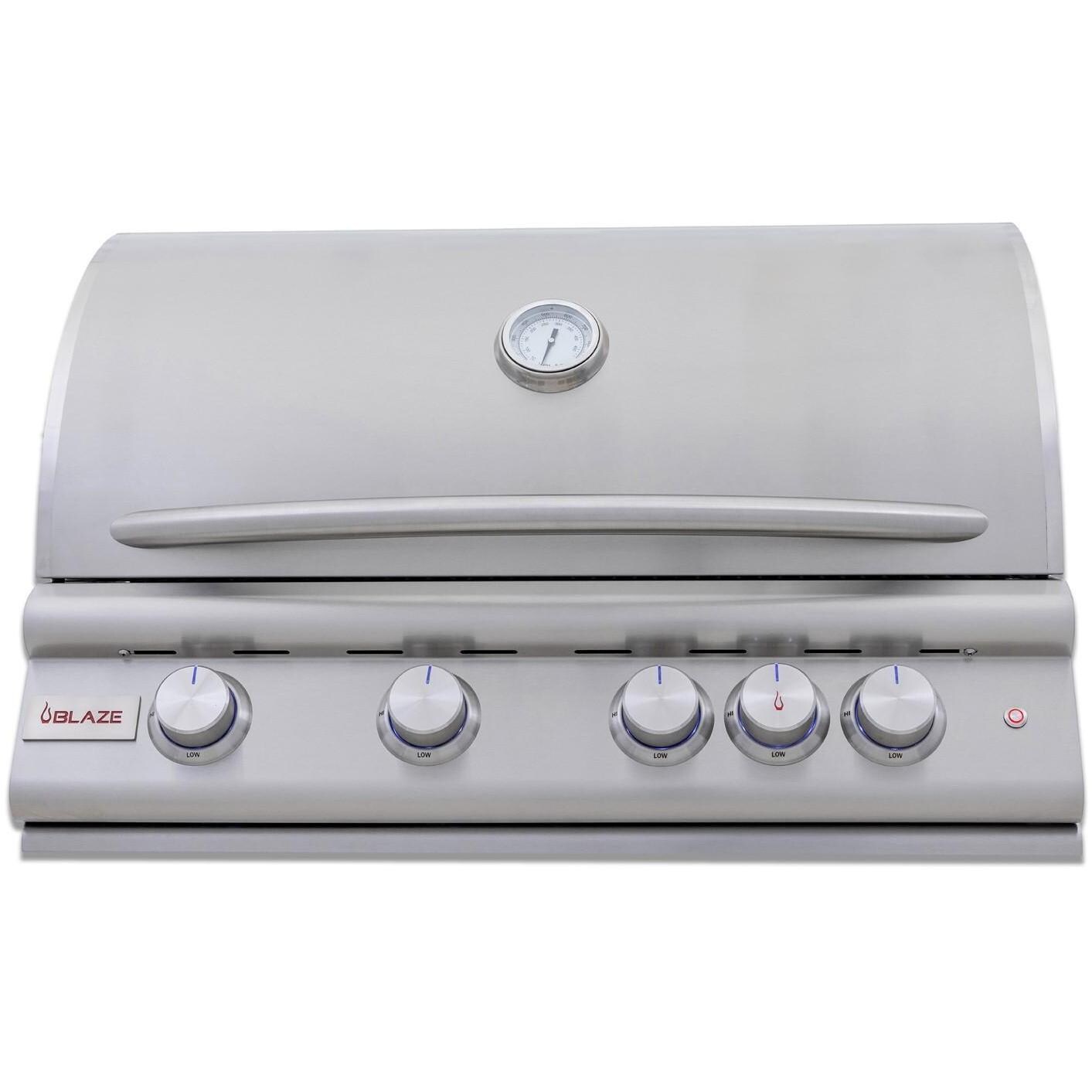 Blaze BLZ-4LTE3-NG Premium LTE+ 32-Inch 4-Burner Built-In Natural Gas Grill With Rear Infrared Burner & Lift-Assist Hood - Front View - Closed - White Background thumbnail