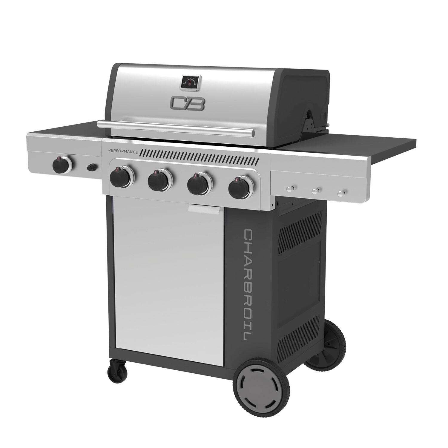 Charbroil 463348725 Performance Series 4-Burner Propane Grill Cabinet W/ Side Burner - Stainless Steel - Left Angle - White Background thumbnail