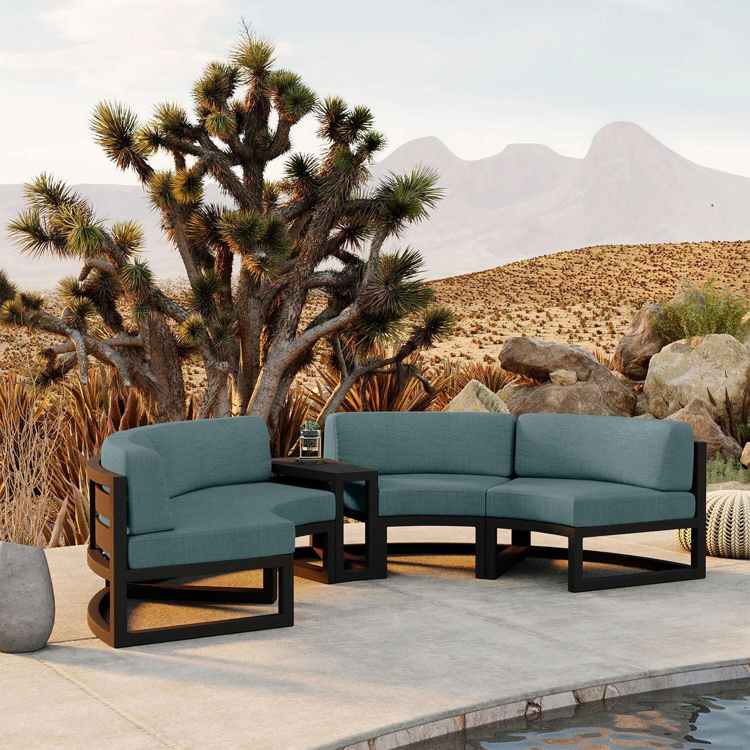 Lakeview MSTYCV-BK-3CSEC-CL Misty Cove 3 Pc Aluminum Curve Sectional Set in Black w/Wedge End Table & Cast Lagoon Cushions by Lakeview Outdoor Designs - Set - In Desert Setting - Lifestyle thumbnail